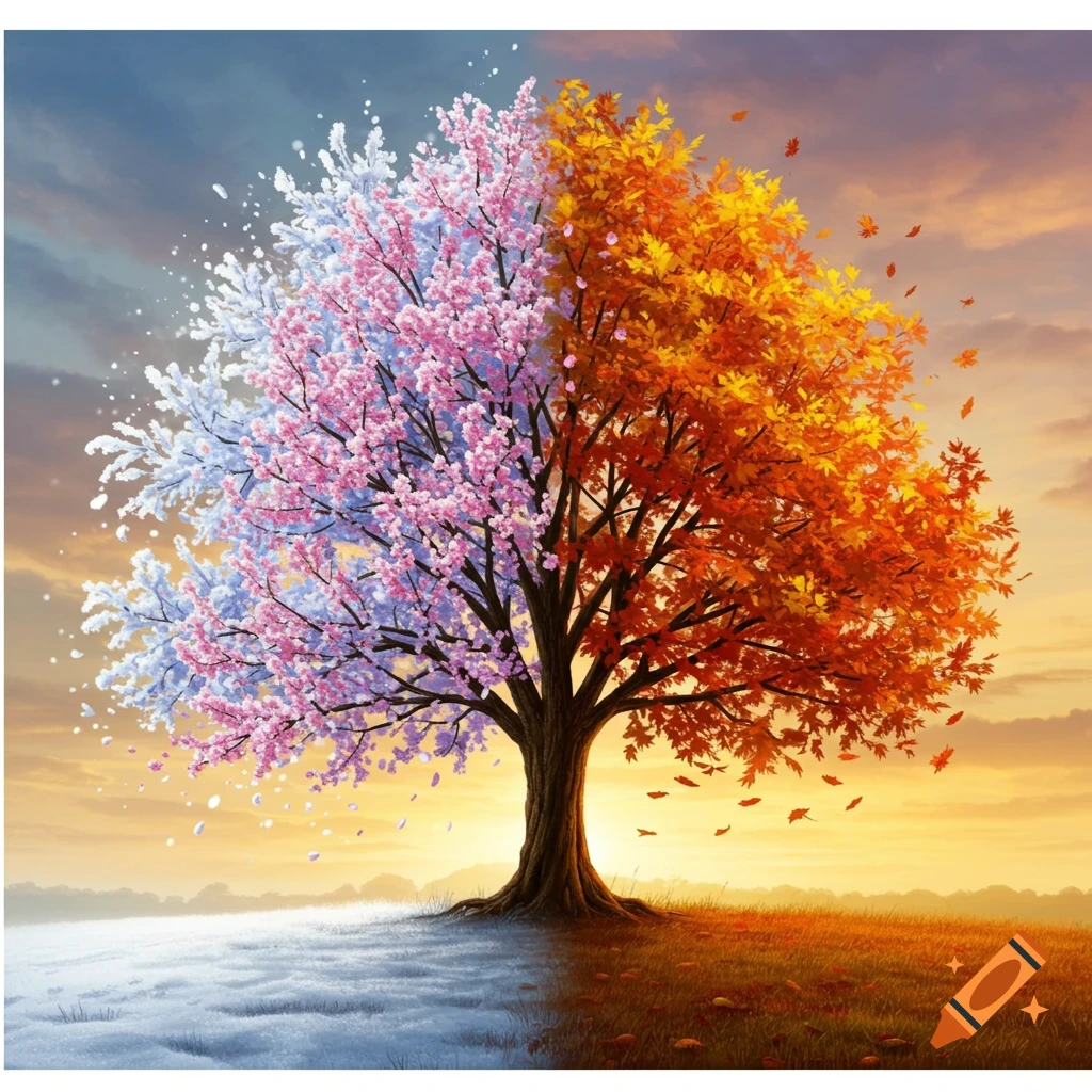 A magical tree with one side covered in snow and pink spring blossoms and the other with orange autumn leaves, set in a landscape with a sunset sky.