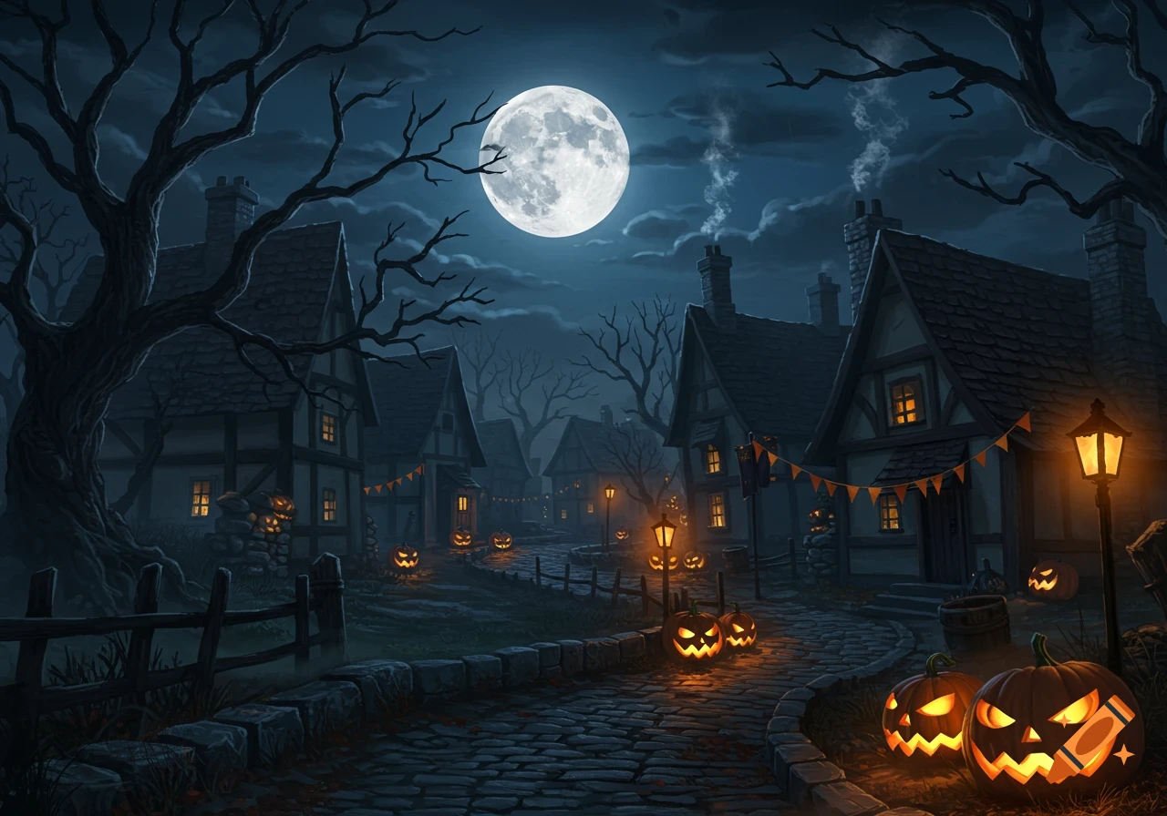 A spooky Halloween village at night under a full moon, with glowing jack-o'-lanterns lining a cobblestone path between old houses.