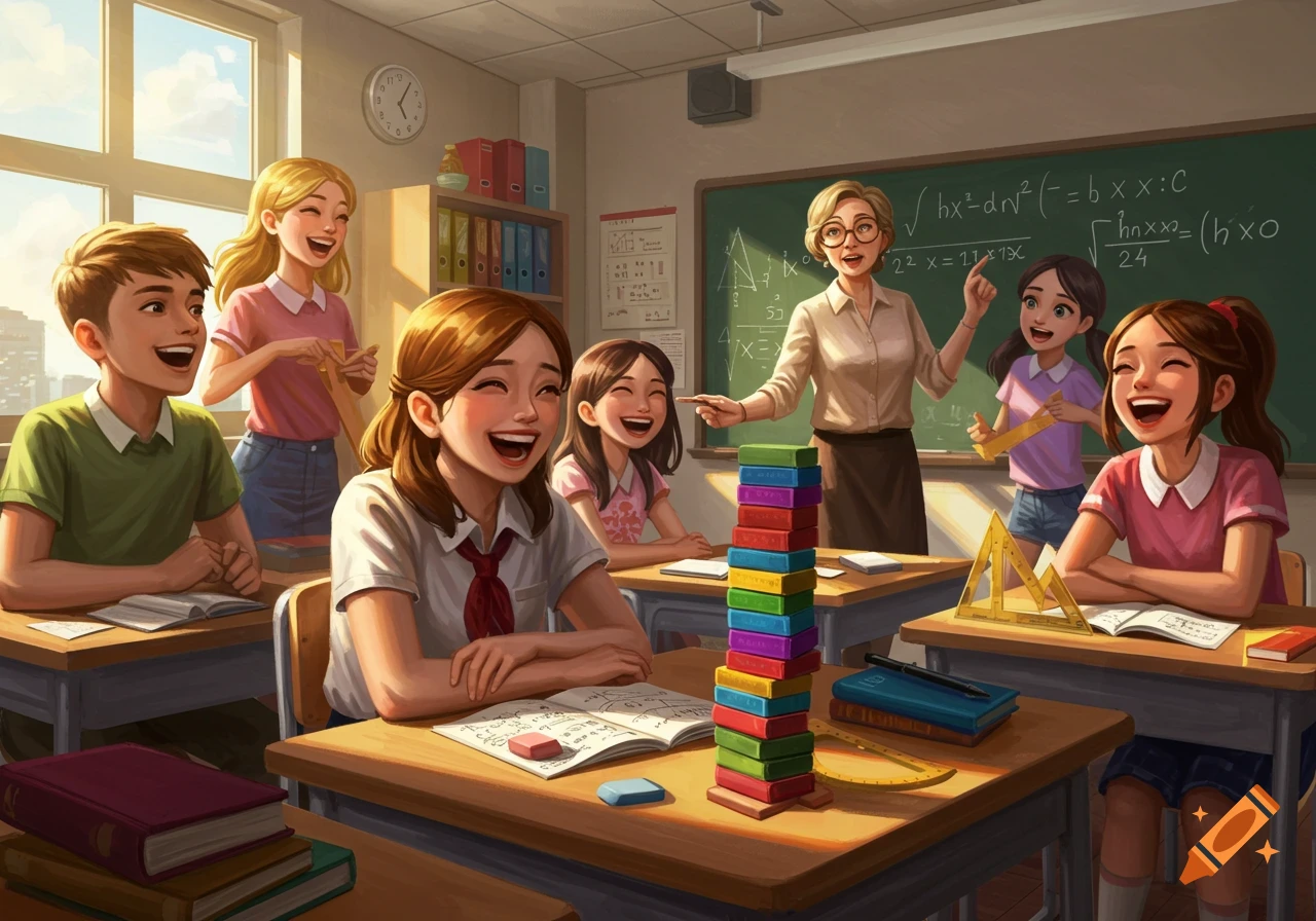 A group of cheerful cartoon students and their teacher laugh in a bright classroom with a blackboard full of math equations, and a colorful stack of blocks on a desk in the foreground.