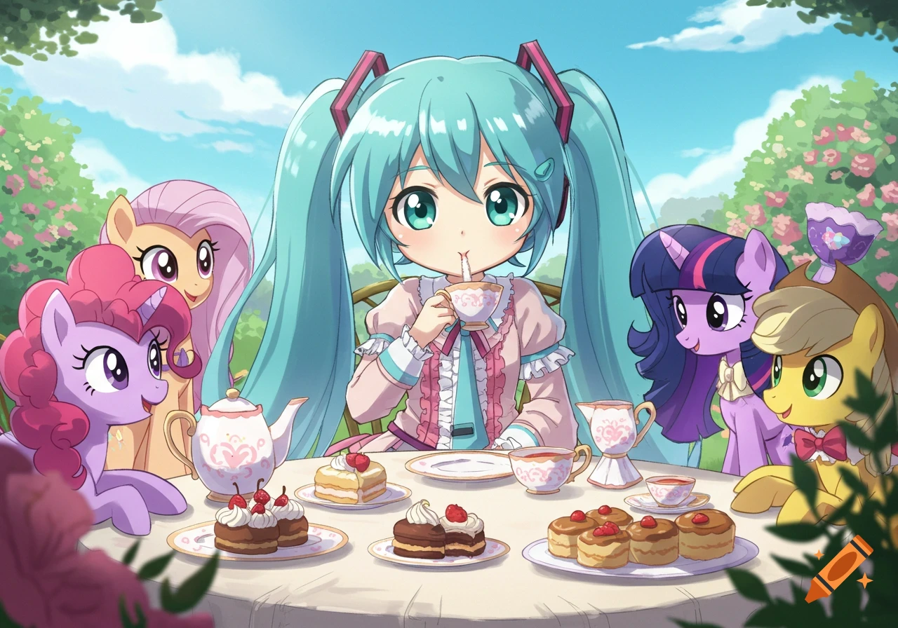 Hatsune Miku sips tea with My Little Pony characters Pinkie Pie, Fluttershy, Twilight Sparkle, and Applejack at an outdoor tea party in a cute anime style.