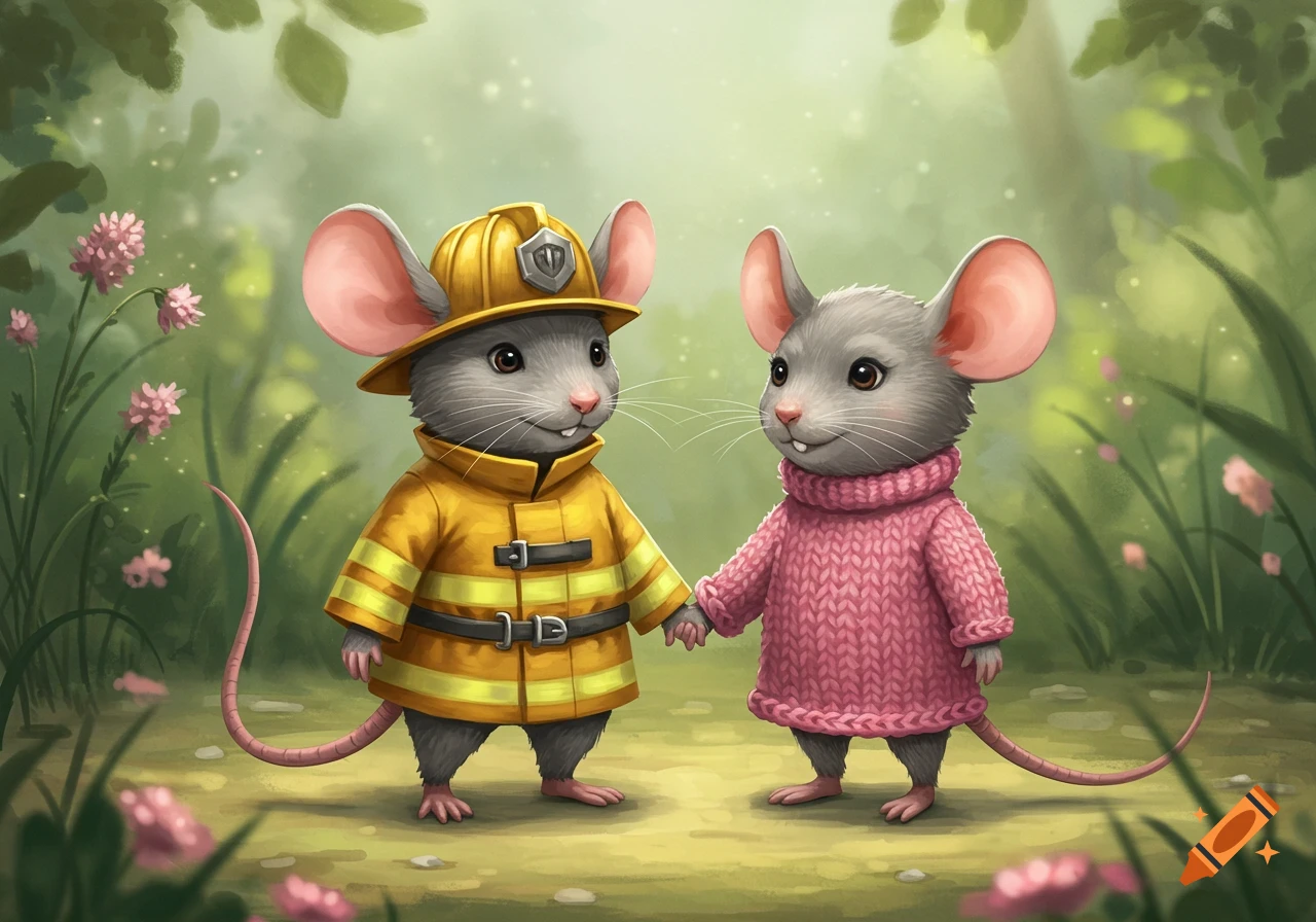 Two cute cartoon gray mice, one a firefighter in yellow and the other in a pink sweater, holding hands in a lush, green forest.