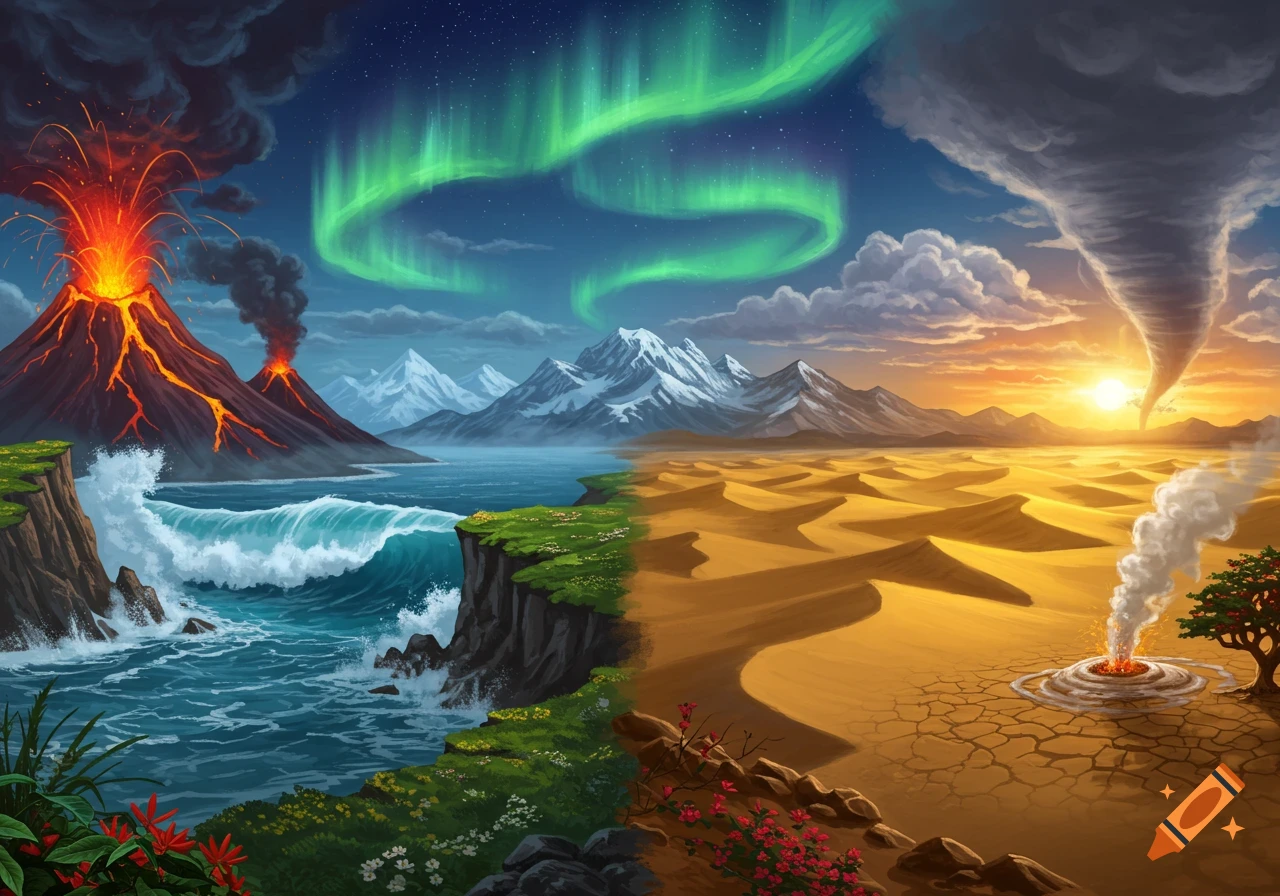 A vibrant fantasy landscape split between a volcanic, arctic ocean scene with aurora, and an arid desert with a tornado.