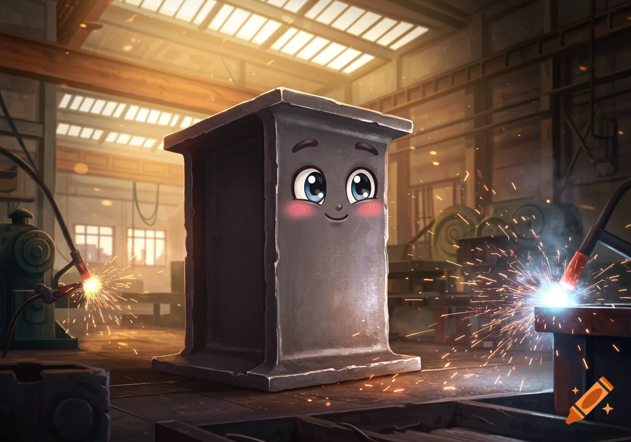 A cute, blushing, animated industrial steel beam character stands in a metalworking factory with sparks flying from welding.