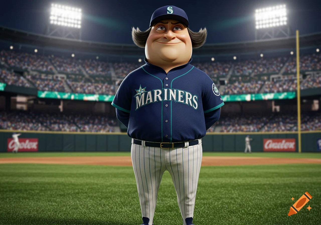 A cartoonish character resembling Lord Farquaad wearing a blue Seattle Mariners baseball uniform and cap, standing on a baseball field in a stadium.