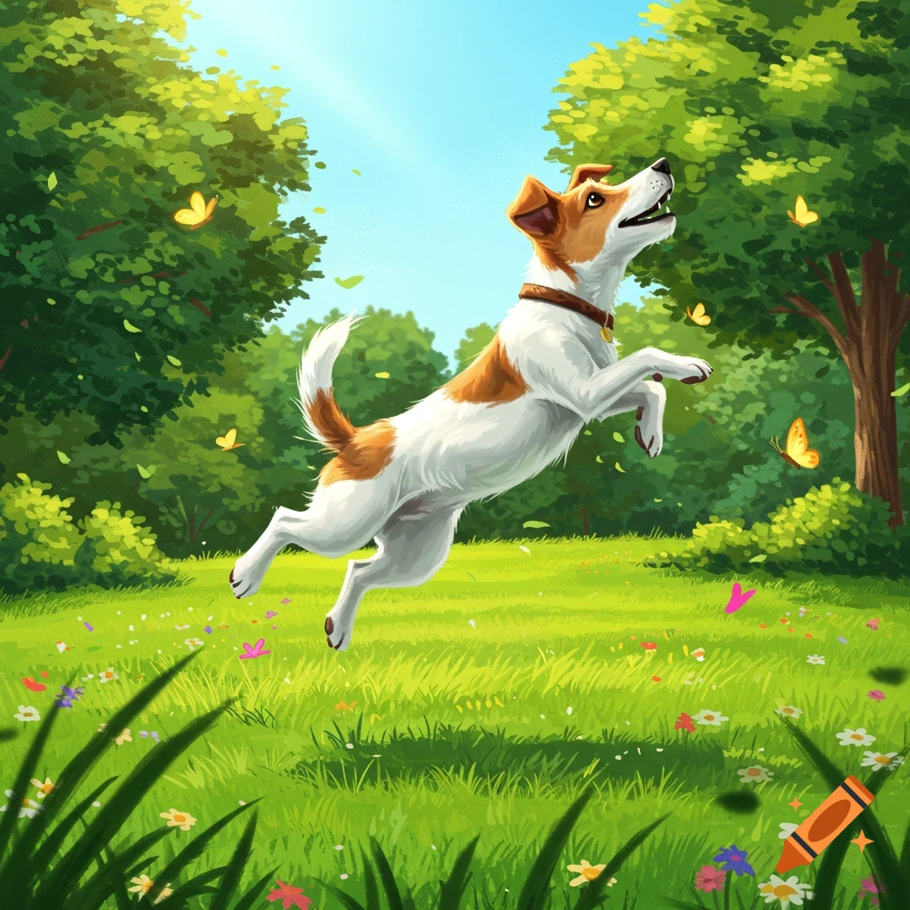 A playful Jack Russell dog jumps in a sunny green field with butterflies and flowers, cartoon style.
