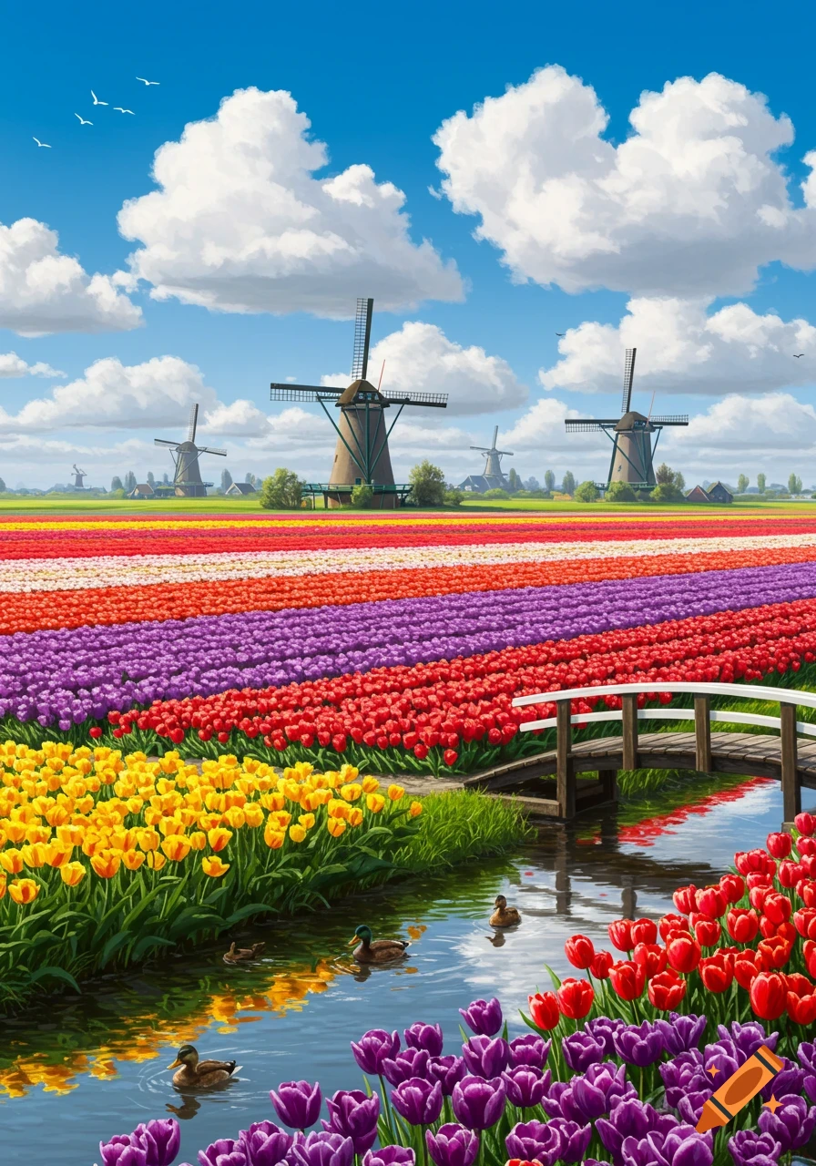Vibrant tulip fields in red, purple, and yellow beside a canal with ducks and a wooden bridge, leading to traditional windmills.