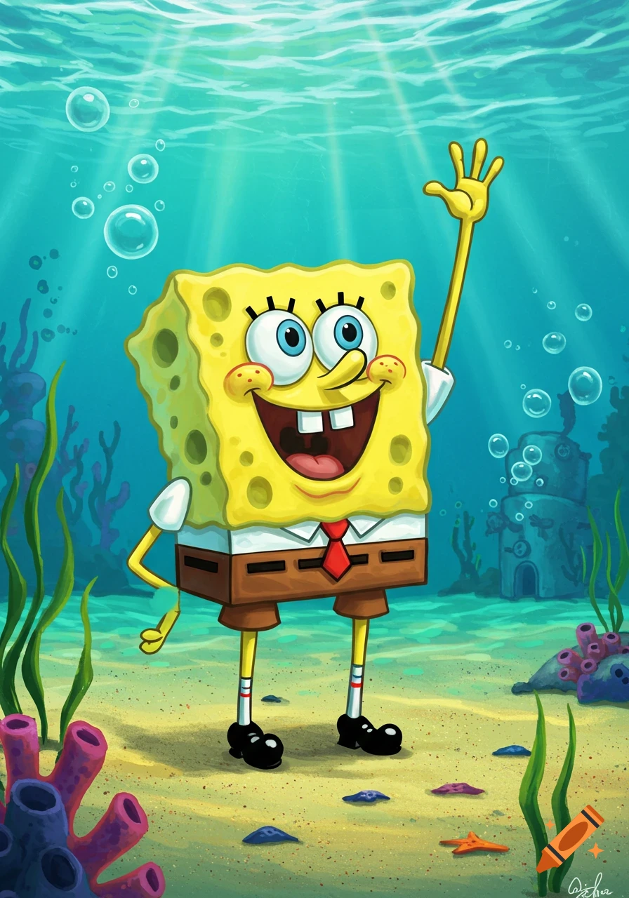 Spongebob Squarepants waves cheerfully in a vibrant underwater scene with coral and sunlight.