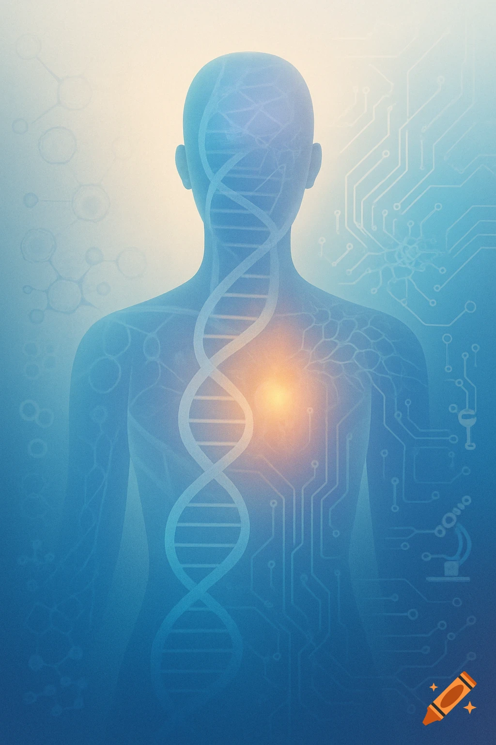 A translucent human silhouette with a DNA helix, glowing heart, and circuit patterns against a blue-to-white gradient background.