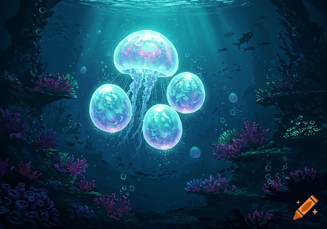 A large glowing jellyfish and four luminous spheres in a deep blue underwater scene with coral and distant fish.