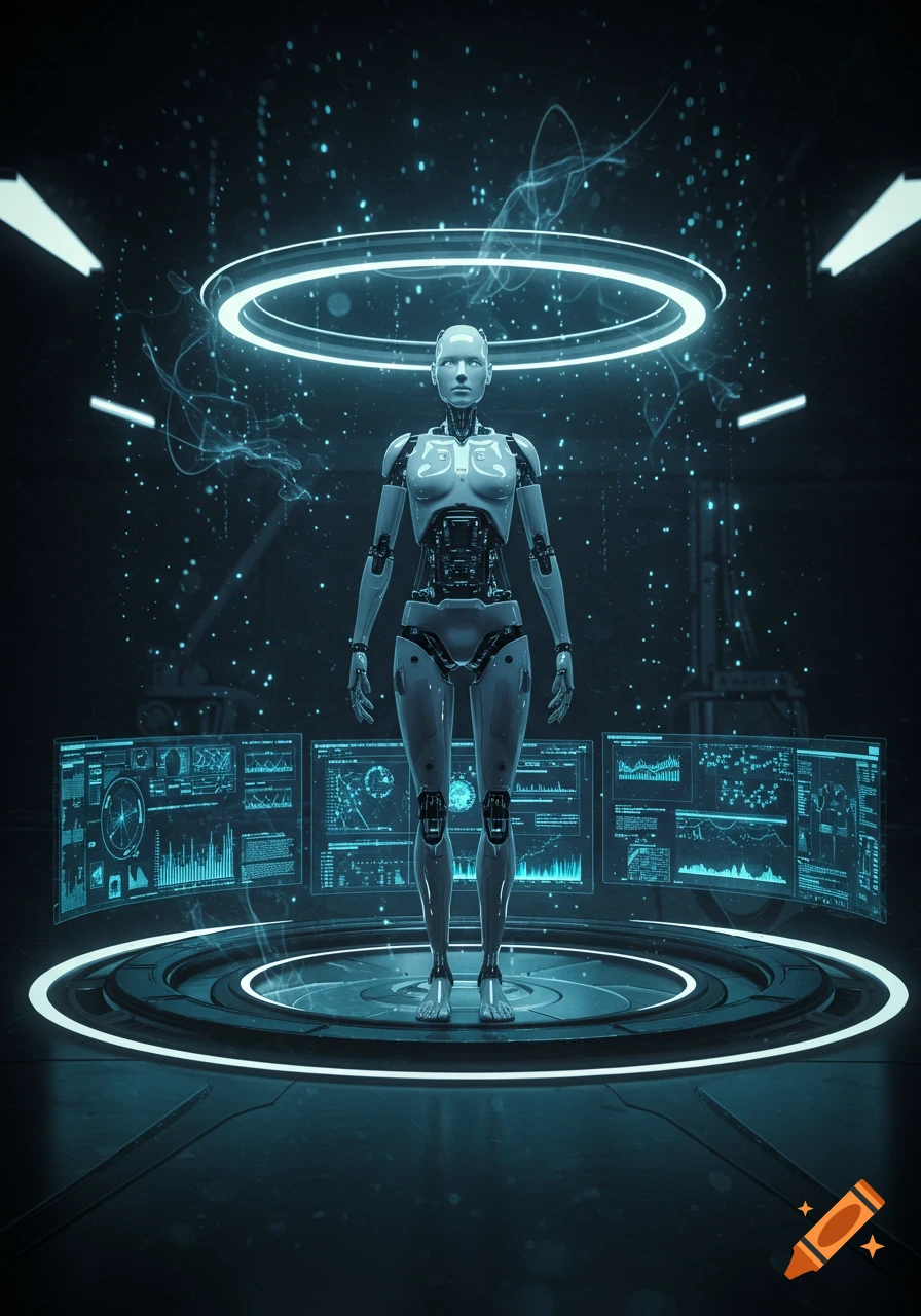 A humanoid robot stands in a dark, futuristic room surrounded by glowing blue holographic displays.