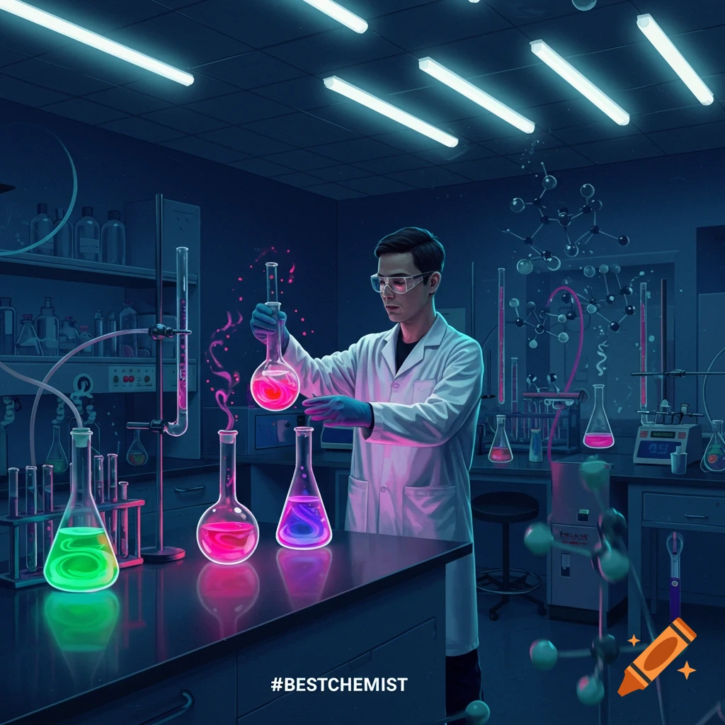 A chemist in a neon-lit lab holds a glowing pink flask, surrounded by colorful beakers and molecular models. #BESTCHEMIST.