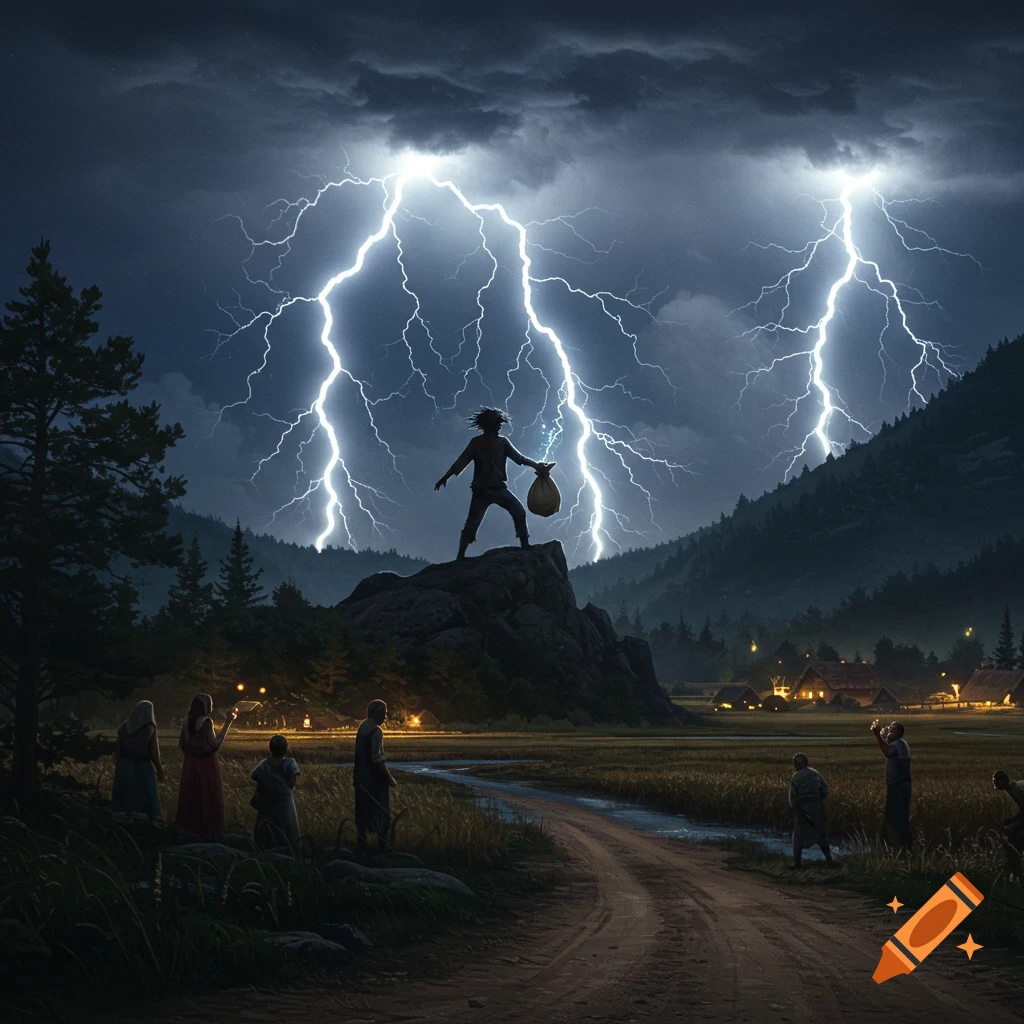 A figure on a rocky hill, silhouetted by brilliant lightning, holds a bag as villagers watch from the valley below.