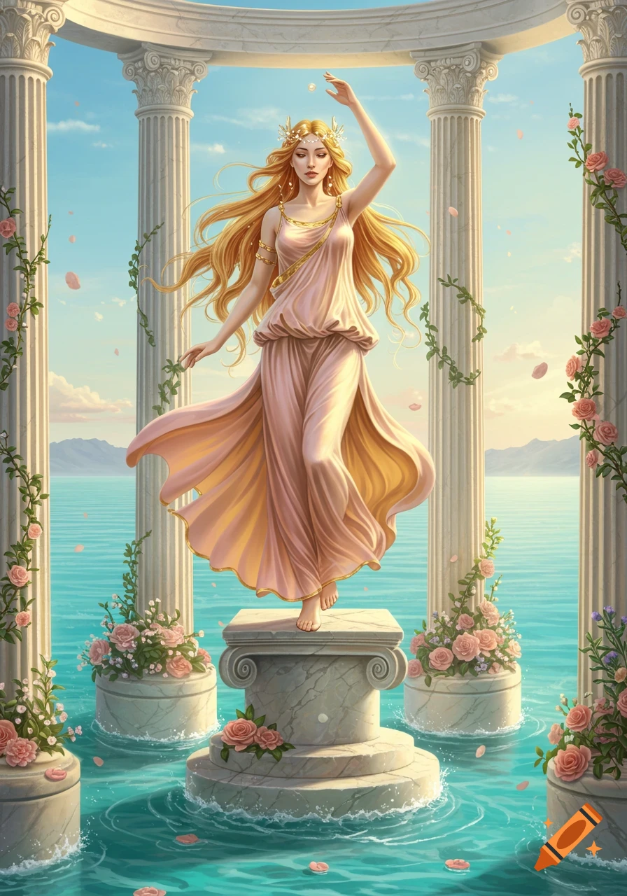A blonde woman in a flowing pink gown and golden wreath stands on a marble pedestal amidst classical pillars, roses, and blue water.
