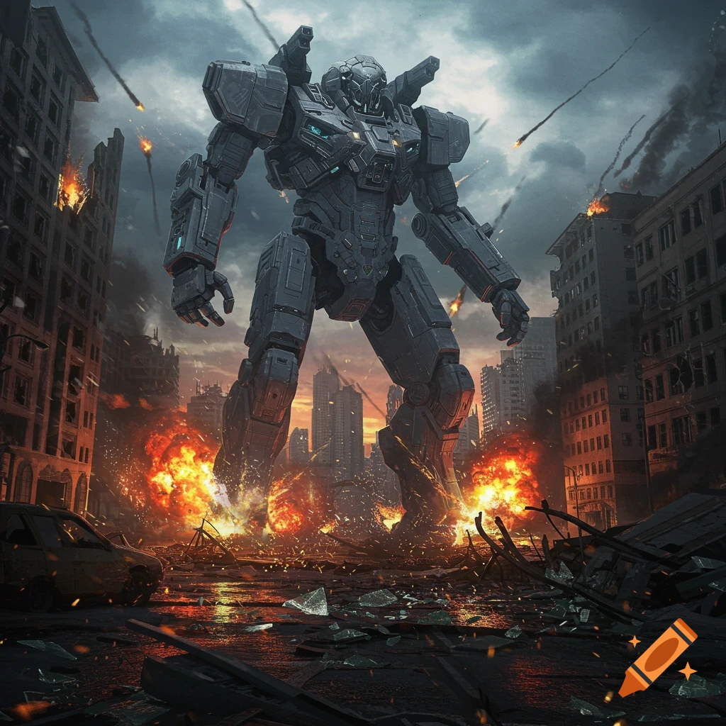 A giant grey robot stomps through a burning, ruined city under a dark, stormy sky, with explosions and debris everywhere.