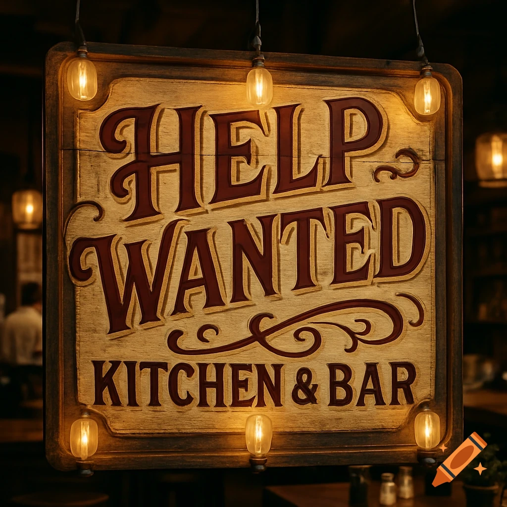 Vintage wooden sign reading 'Help Wanted Kitchen & Bar' with glowing bulbs, in a dim restaurant.