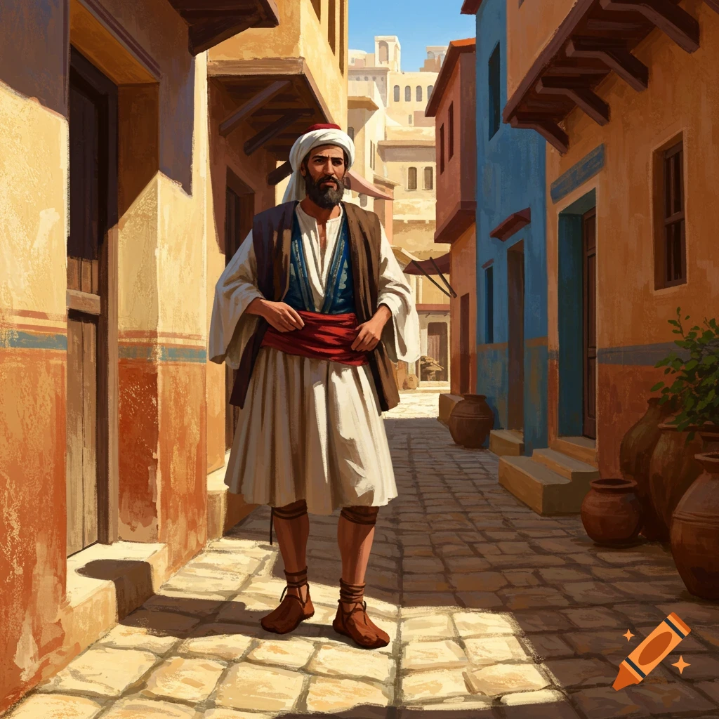 A man in a white tunic, red sash, and brown vest stands in a sunlit, narrow street lined with brightly painted historical buildings.