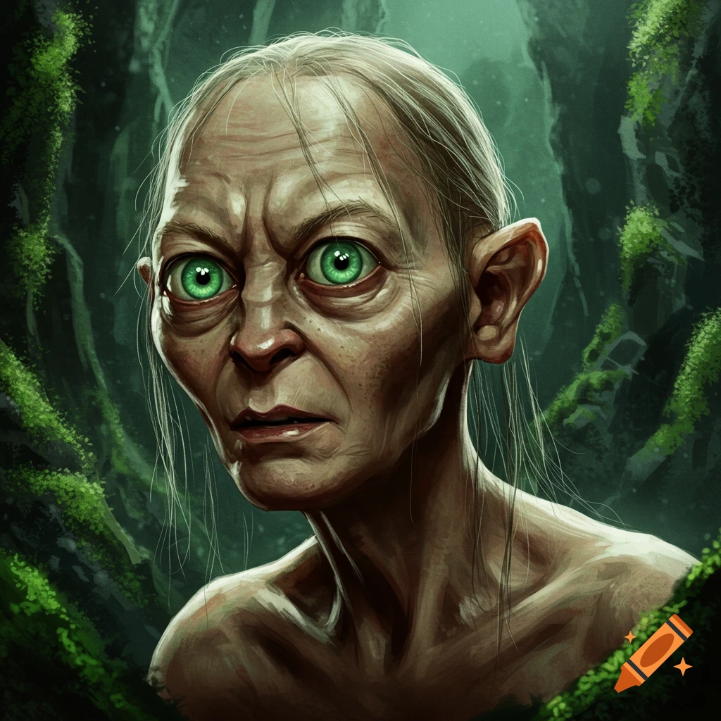 A close-up portrait of Gollum from Lord of the Rings with large green eyes, set against a dark, mossy forest background.