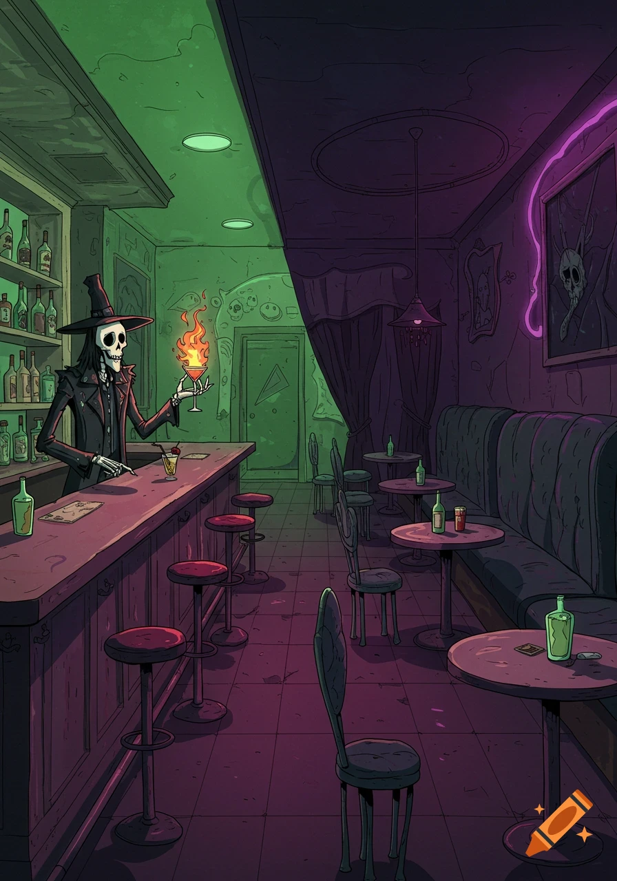 A Tim Burton-style cartoon of a skeleton bartender, Death, offering a flaming cocktail in an eerie rock bar glowing with green and purple lights.