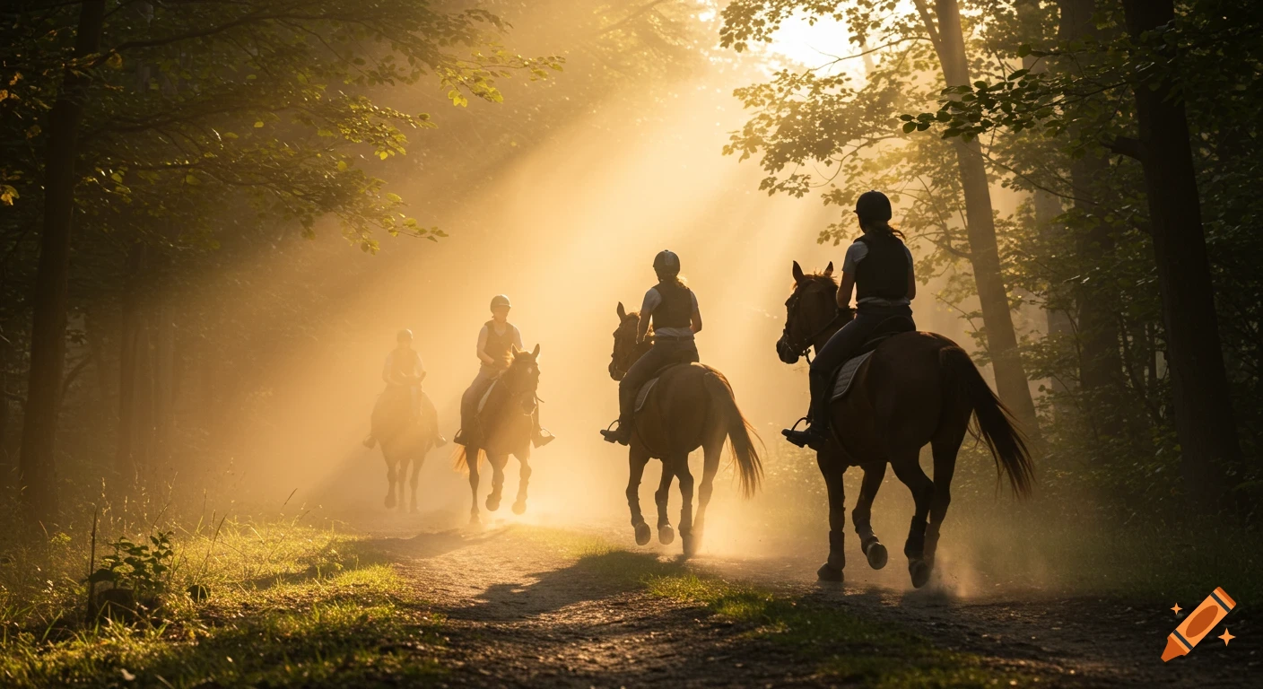 A group of riders on horses gallop through a sunlit forest trail, illuminated by filtering sunbeams, in a photorealistic style.