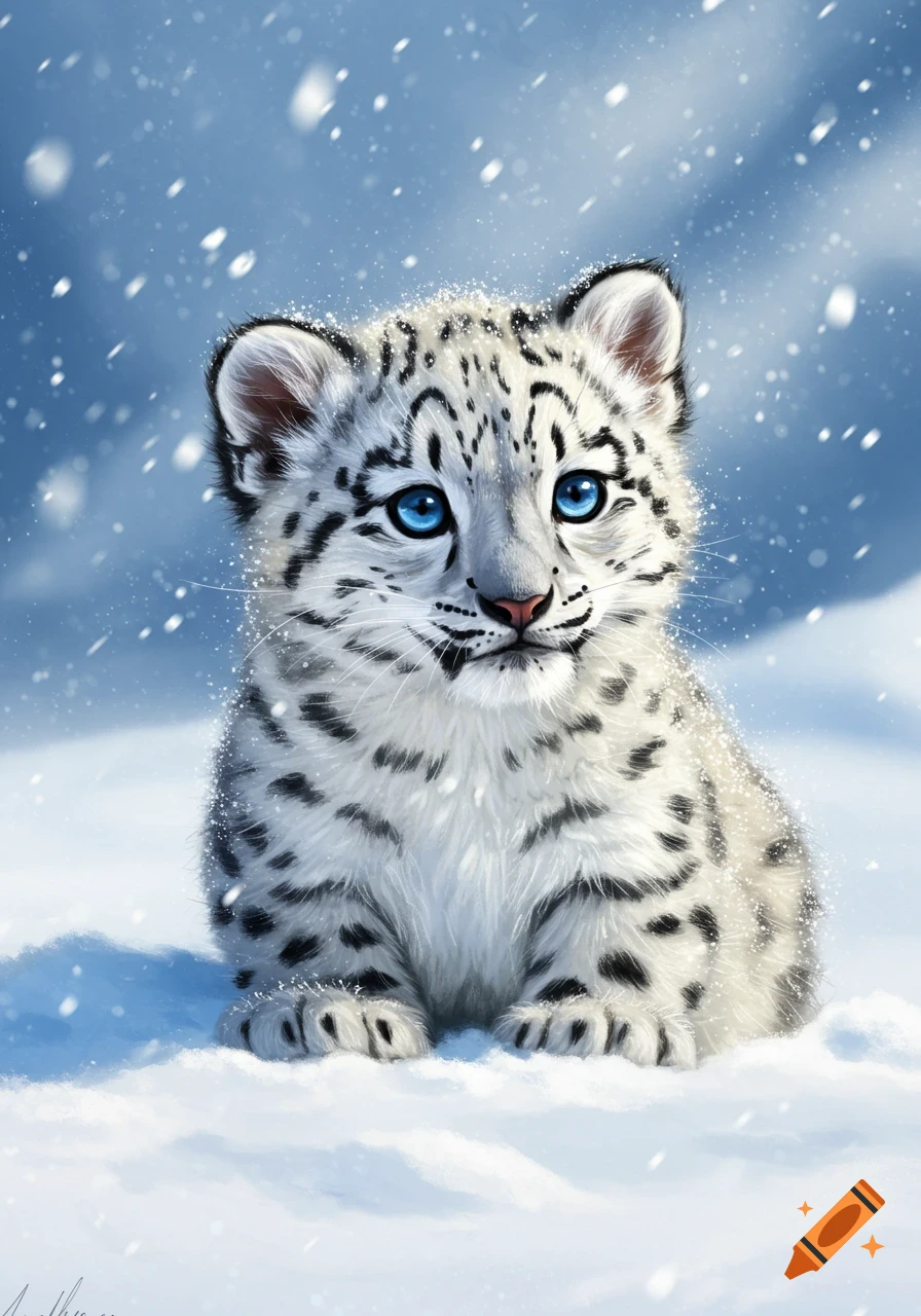 A fluffy baby snow leopard with bright blue eyes sits in falling snow, digital art.