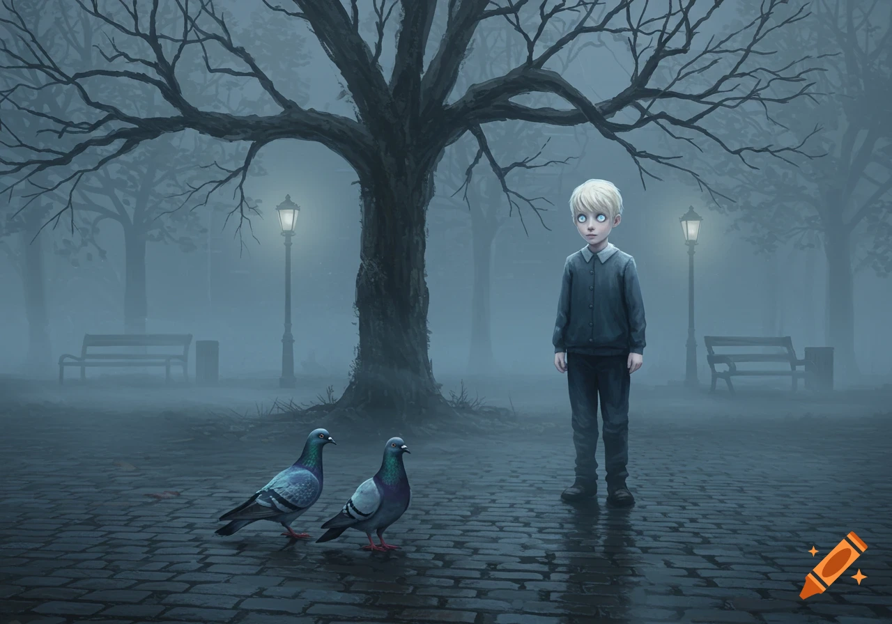 A blonde boy with glowing blue eyes stands in a foggy, dark park next to a large bare tree, with two pigeons on the cobblestones and a street lamp in the background.