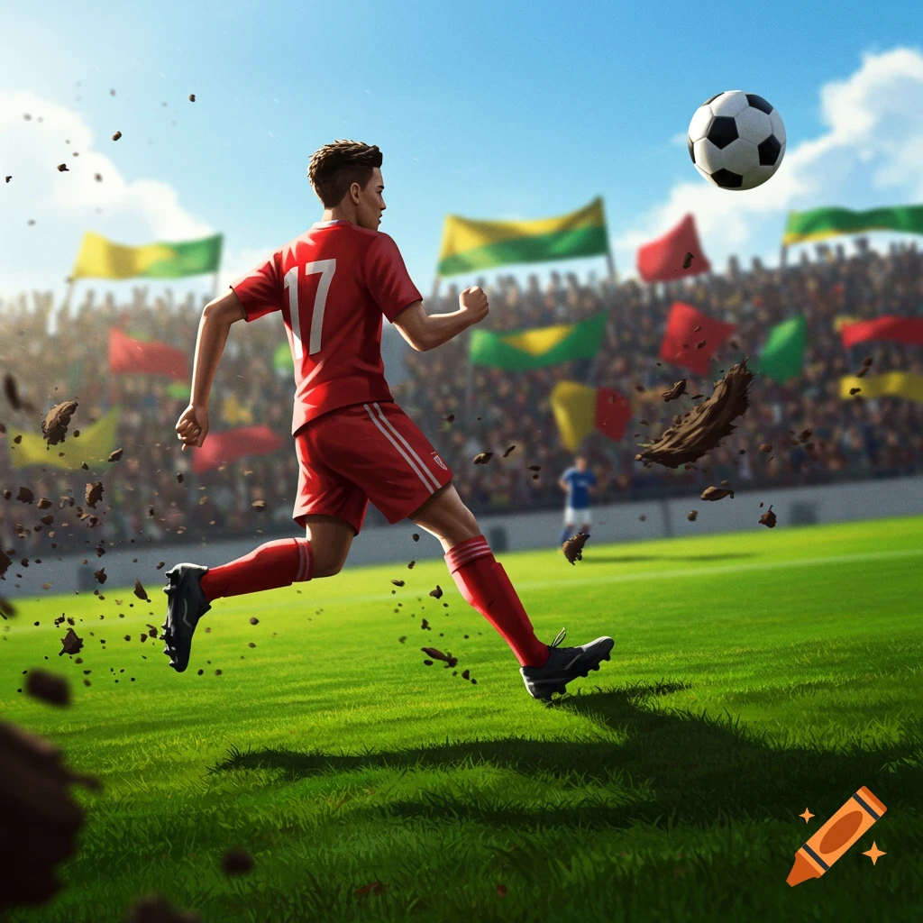 A soccer player in a red jersey with number 17 kicks a ball on a green field, sending dirt flying in a stadium.