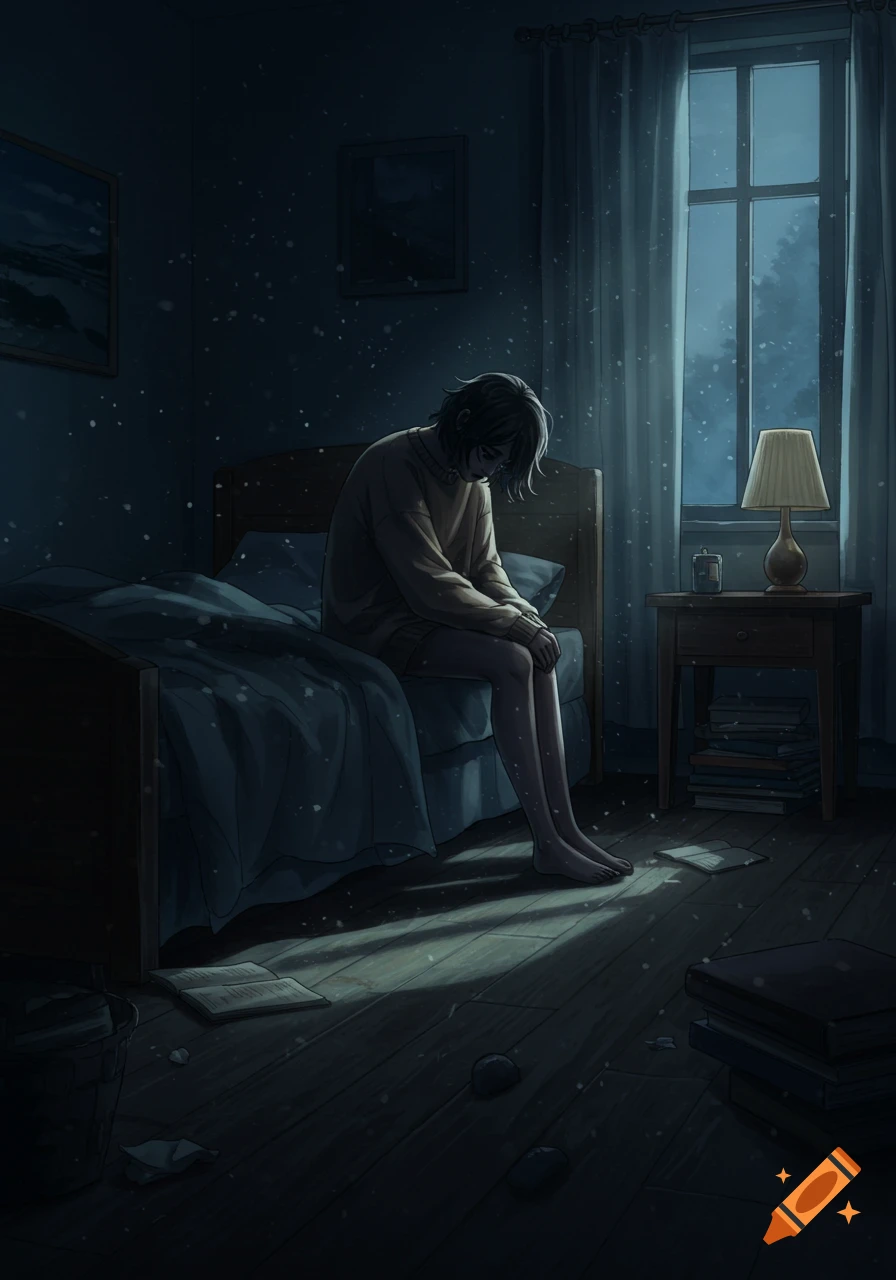 Anime illustration of a person sitting on a bed in a dark bedroom, looking down as light streams from a window.