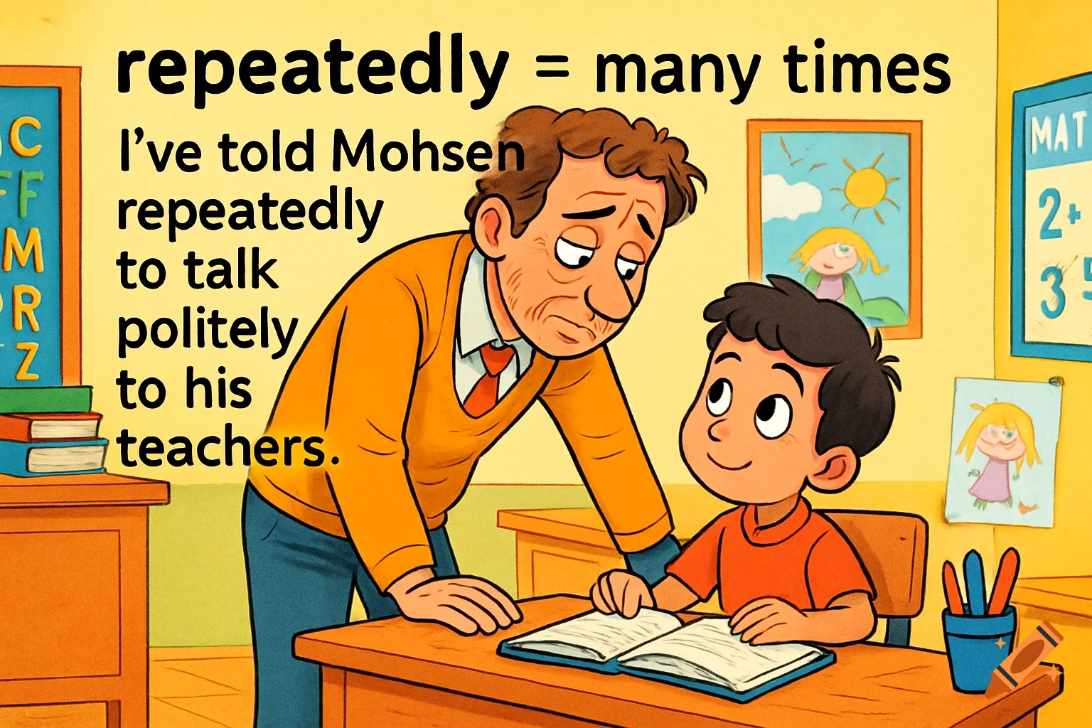 Cartoon of a teacher and boy in a classroom with text explaining the word 'repeatedly'.