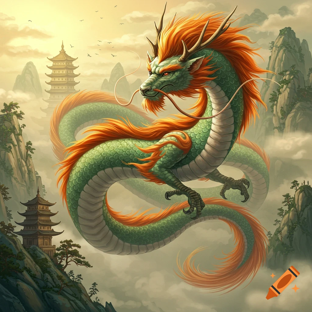 A vibrant green and orange Chinese dragon flying amidst clouds over a mountainous landscape with traditional pagodas.