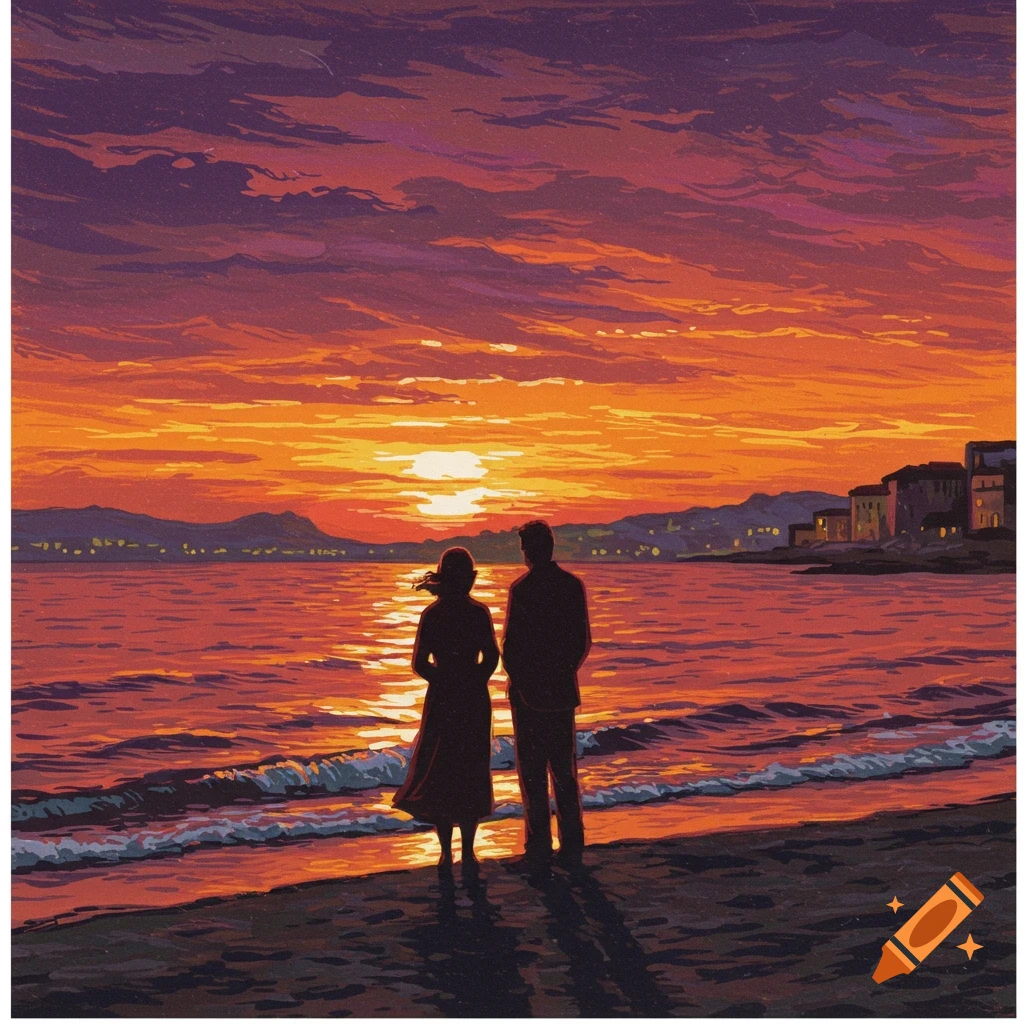 Painting of a man and woman on a beach watching a vivid orange and purple sunset over the ocean and a distant city.