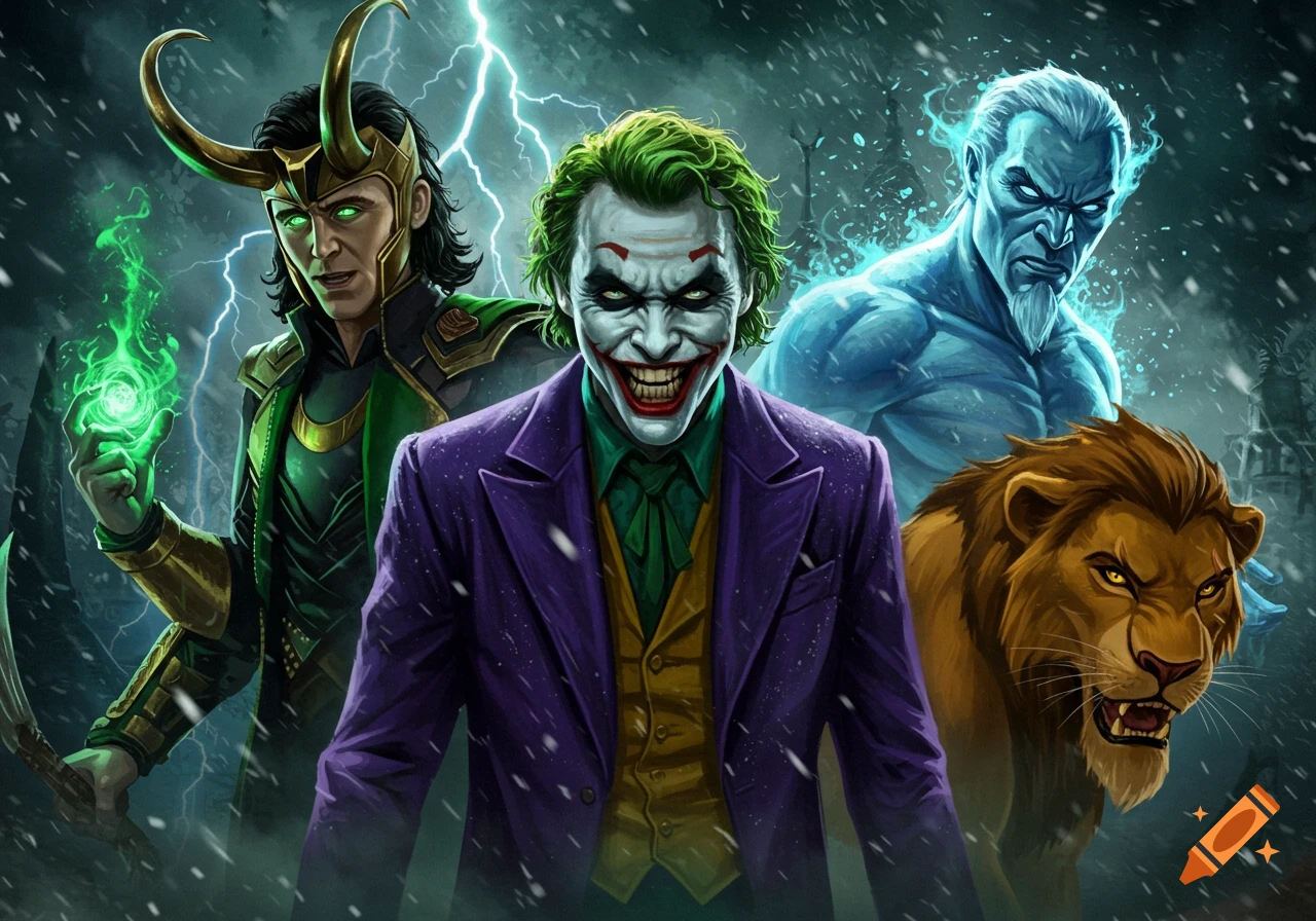 A dramatic comic art illustration of Loki, Joker, an icy humanoid, and Scar the lion amidst a stormy, snowy backdrop with lightning.