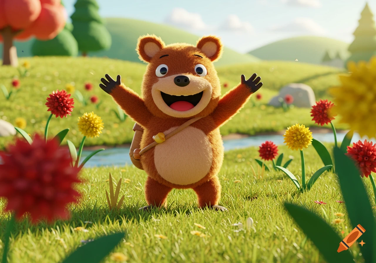 A fluffy brown cartoon bear with a wide smile and outstretched arms stands in a vibrant green meadow with colorful flowers under a blue sky.