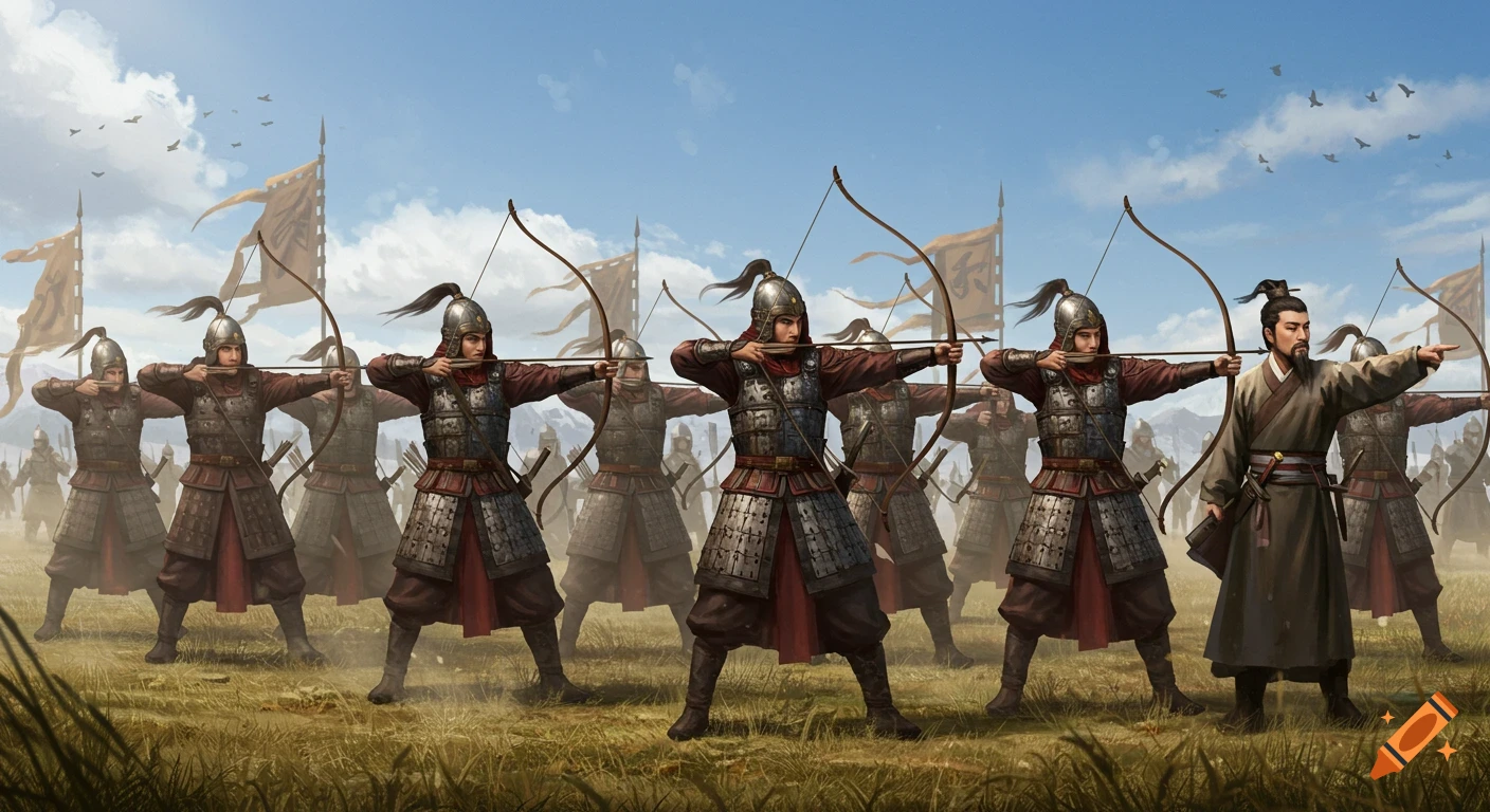 An ancient Chinese army officer directs a formation of armored archers, poised with bows drawn in a grassy field under a blue sky.