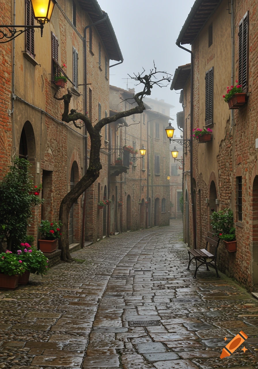 A narrow, misty cobbled street in an old European town, with brick buildings, glowing streetlights, a gnarled tree, and vibrant flowers.