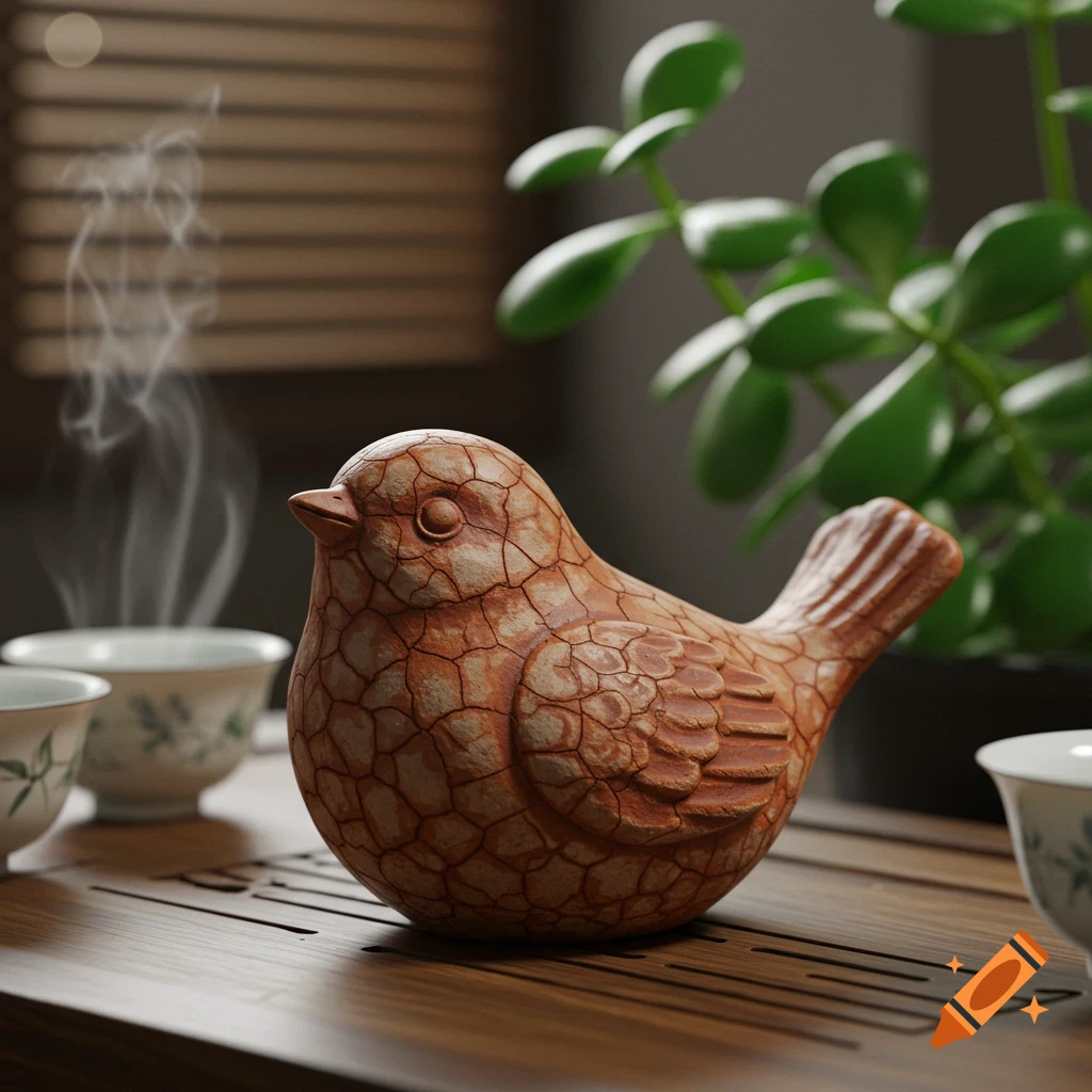 A cracked clay bird tea pet on a wooden tray with steaming tea cups and a green plant in the background, photorealistic.