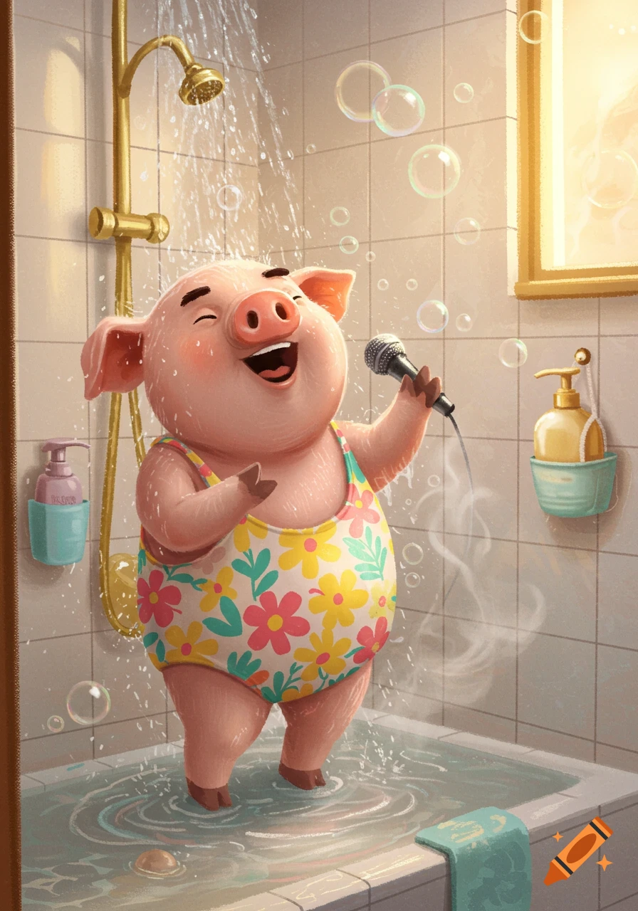 A happy cartoon pig in a floral swimsuit sings into a microphone while showering in a bathtub, surrounded by bubbles.