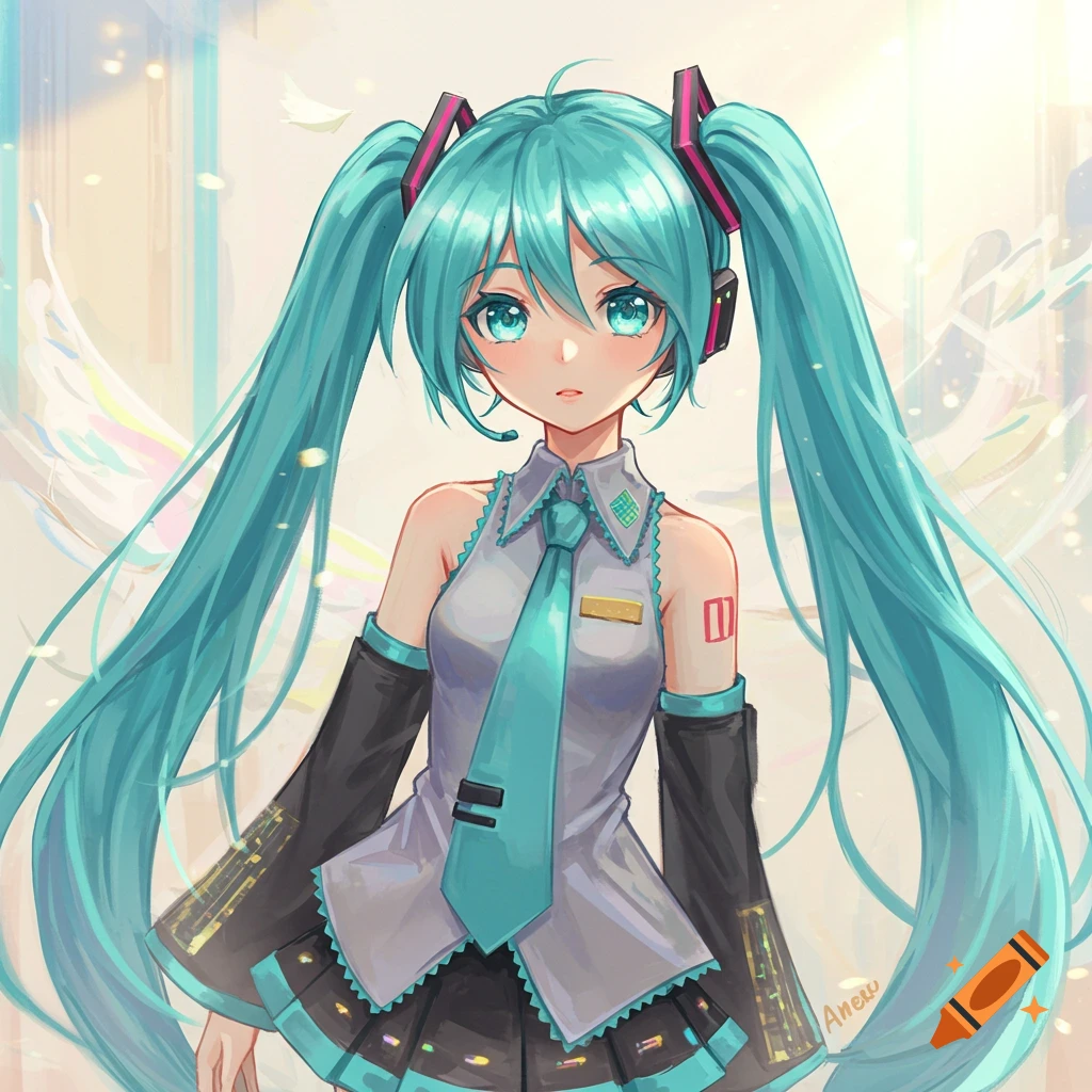 A vibrant anime illustration of Hatsune Miku with long teal pigtails, wearing her signature outfit and headphones, gazing forward.