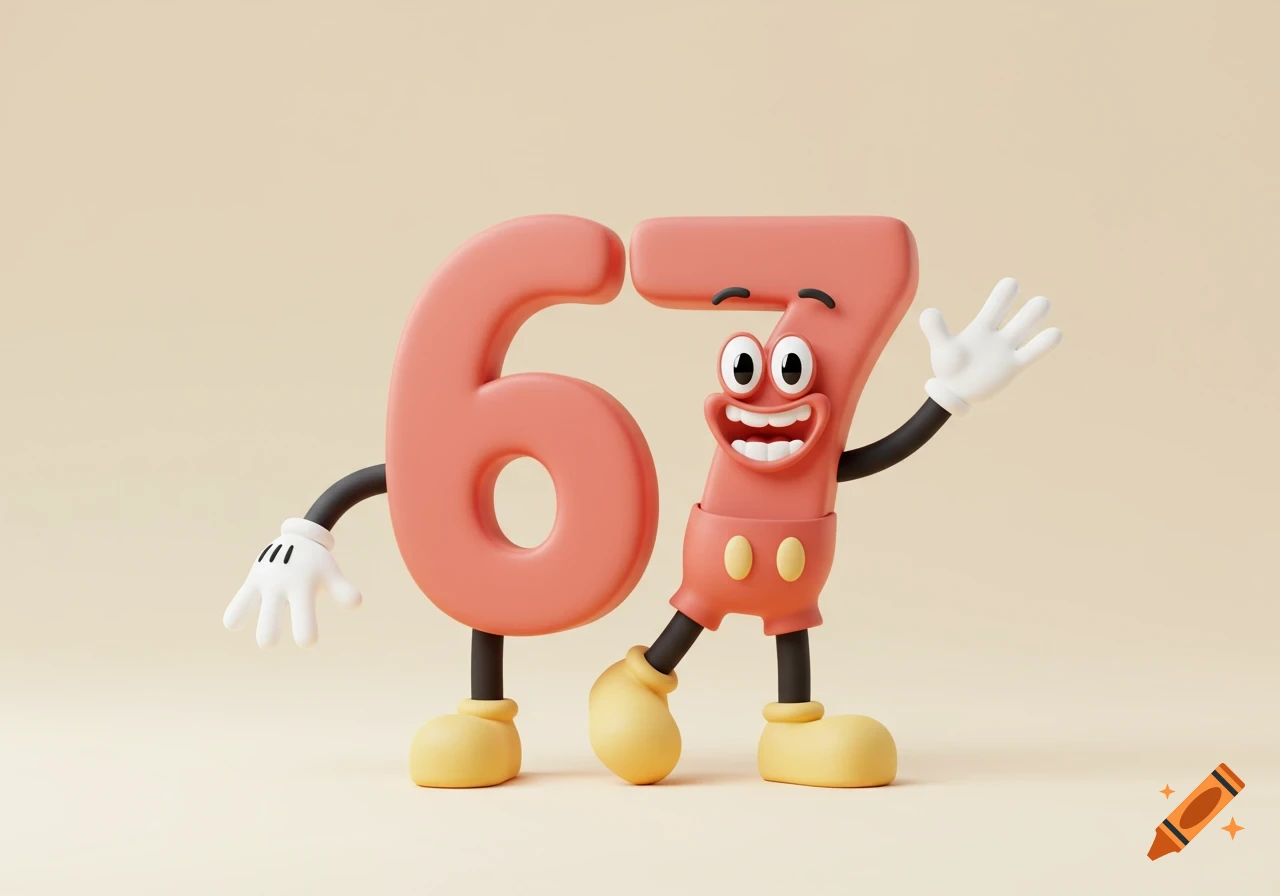 A cute 3D cartoon of number 67 as animated characters with happy faces, arms, legs, and white gloves, Mickey Mouse style.