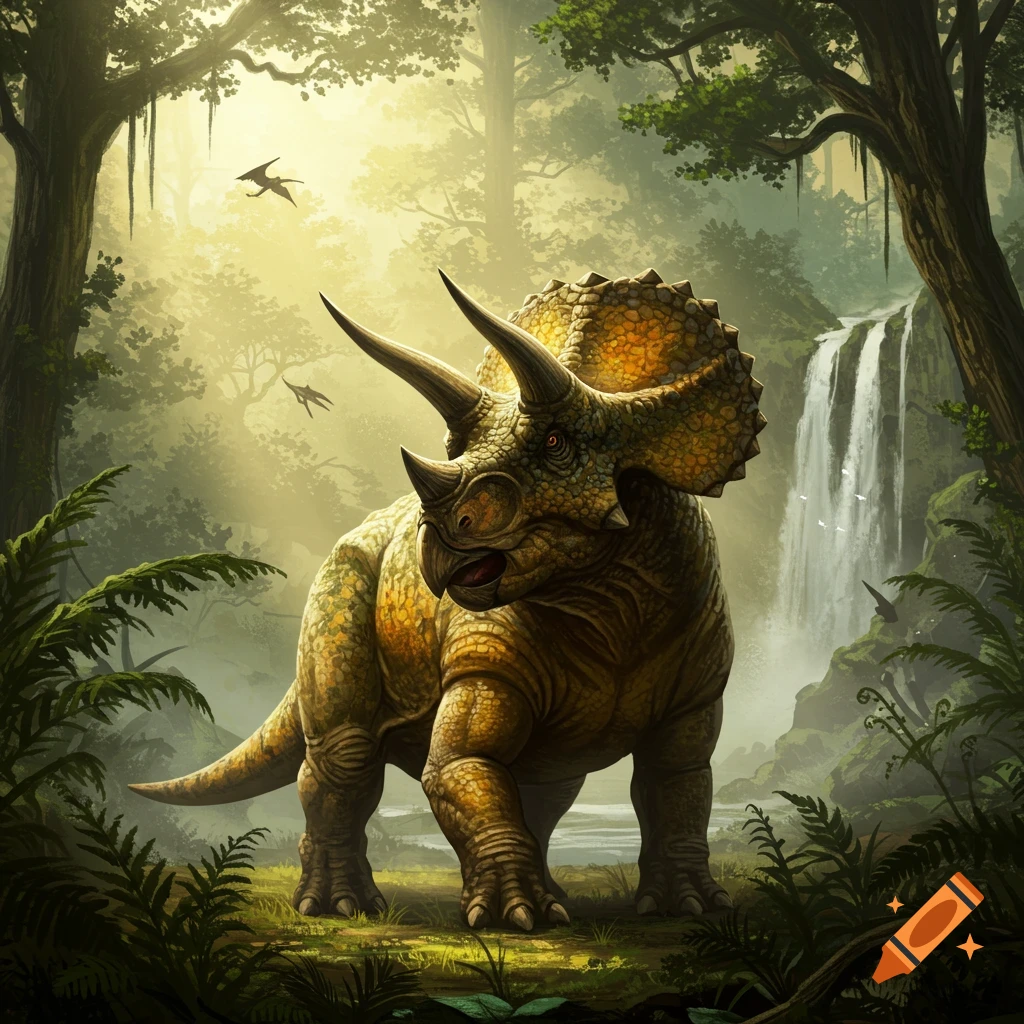 A large triceratops stands in a lush, sunlit jungle with a waterfall in the background, with flying creatures in the sky.