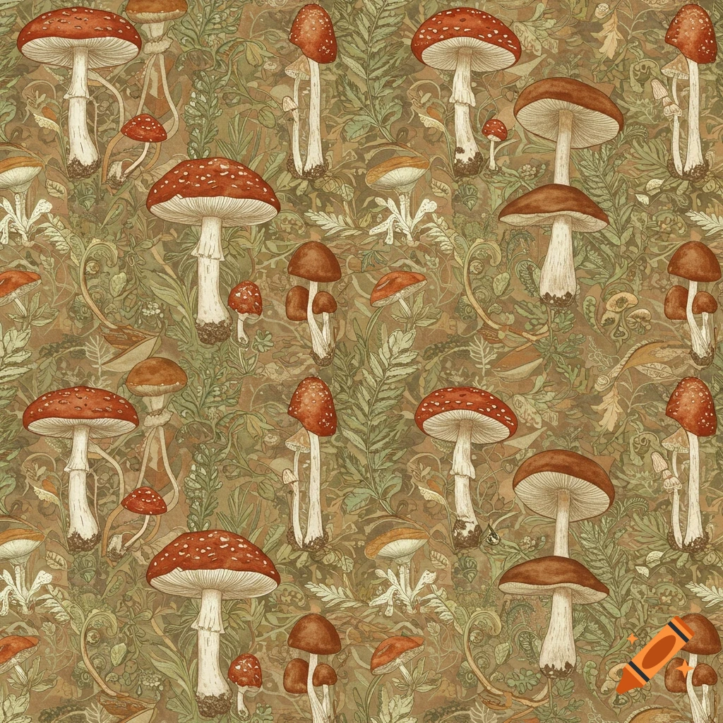 Seamless pattern of red and brown mushrooms with intricate green and brown foliage, in a vintage botanical illustration style.