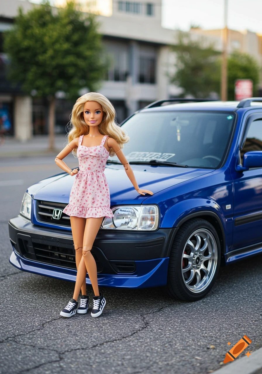 A Barbie doll in a pink floral dress and sneakers leans on a blue tuned Honda CRV on an urban street.