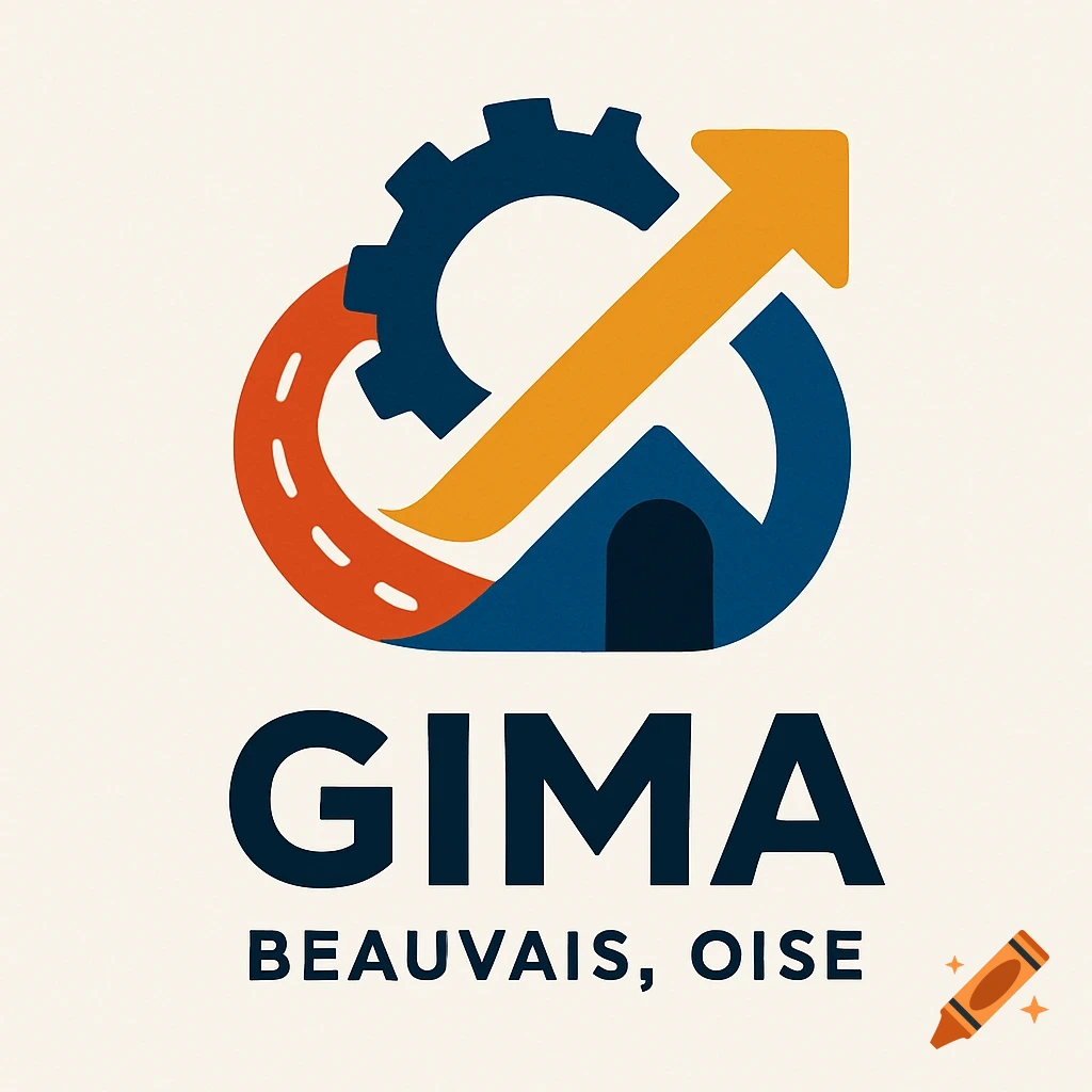 A logo featuring a dark blue gear, an orange road, an upward-pointing orange arrow, and a dark blue house-like shape, with text 'GIMA BEAUVAIS, OISE'.