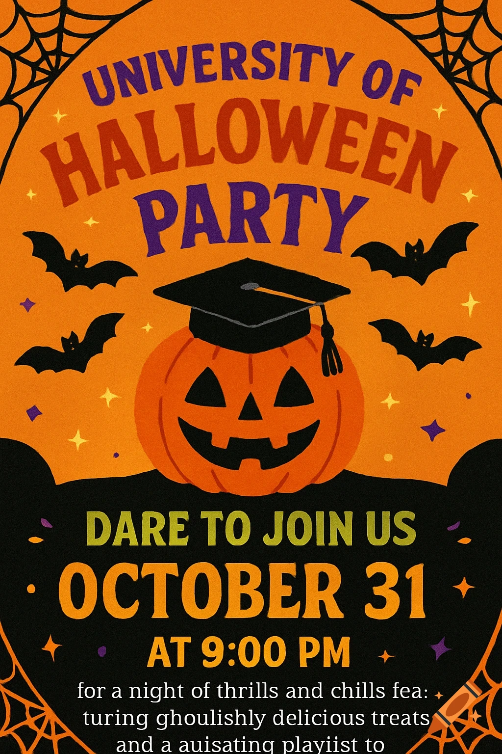 A vibrant orange Halloween party invitation with a jack-o'-lantern wearing a graduation cap, bats, and spiderwebs. Text reads 'University of Halloween Party, Dare to Join Us October 31 at 9:00 PM'.