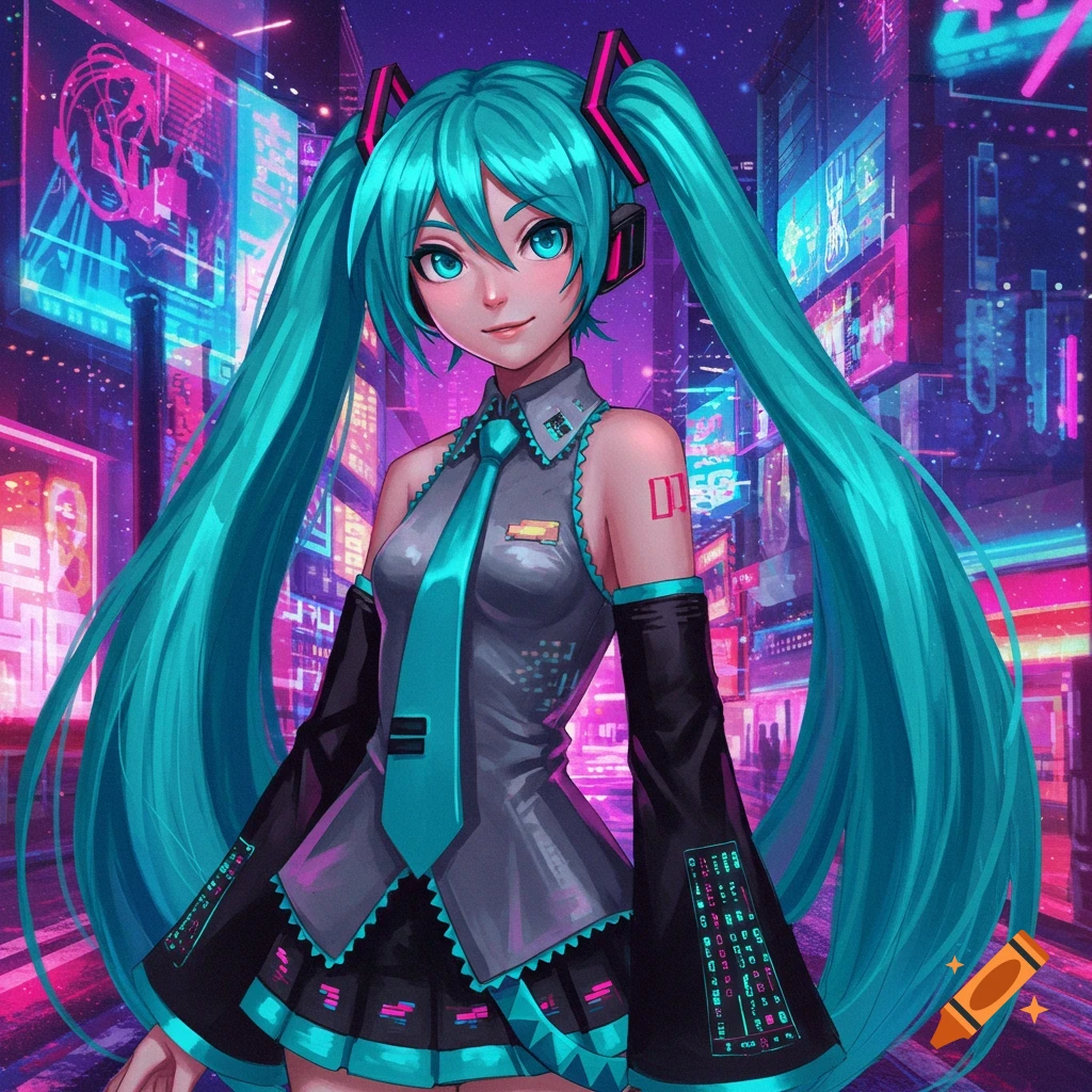 Hatsune Miku in a vibrant teal and pink cyberpunk city, looking forward with a slight smile.