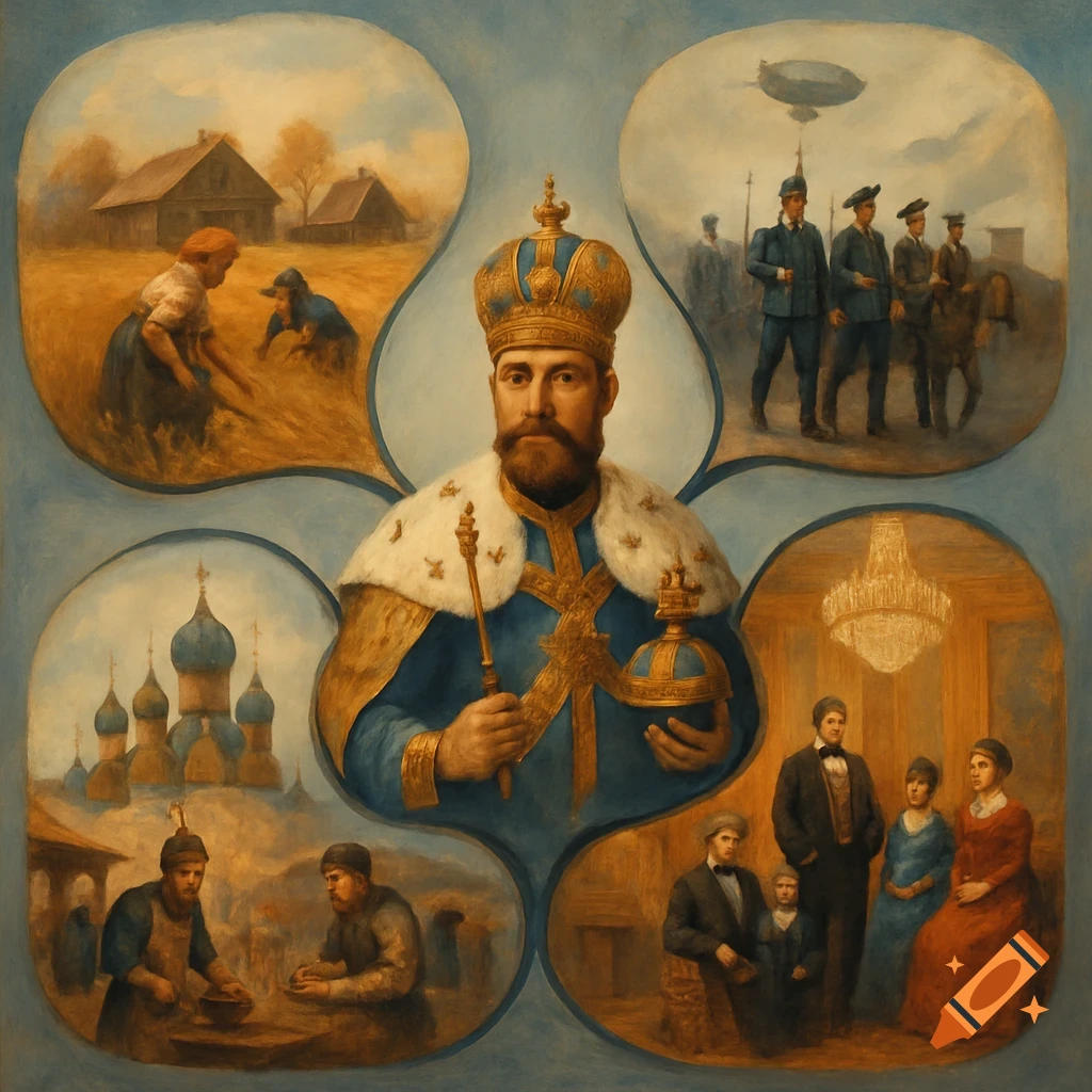 An oil painting of a Tsar in regal attire, holding a scepter and orb, surrounded by four vignettes depicting 19th-century Russian life.