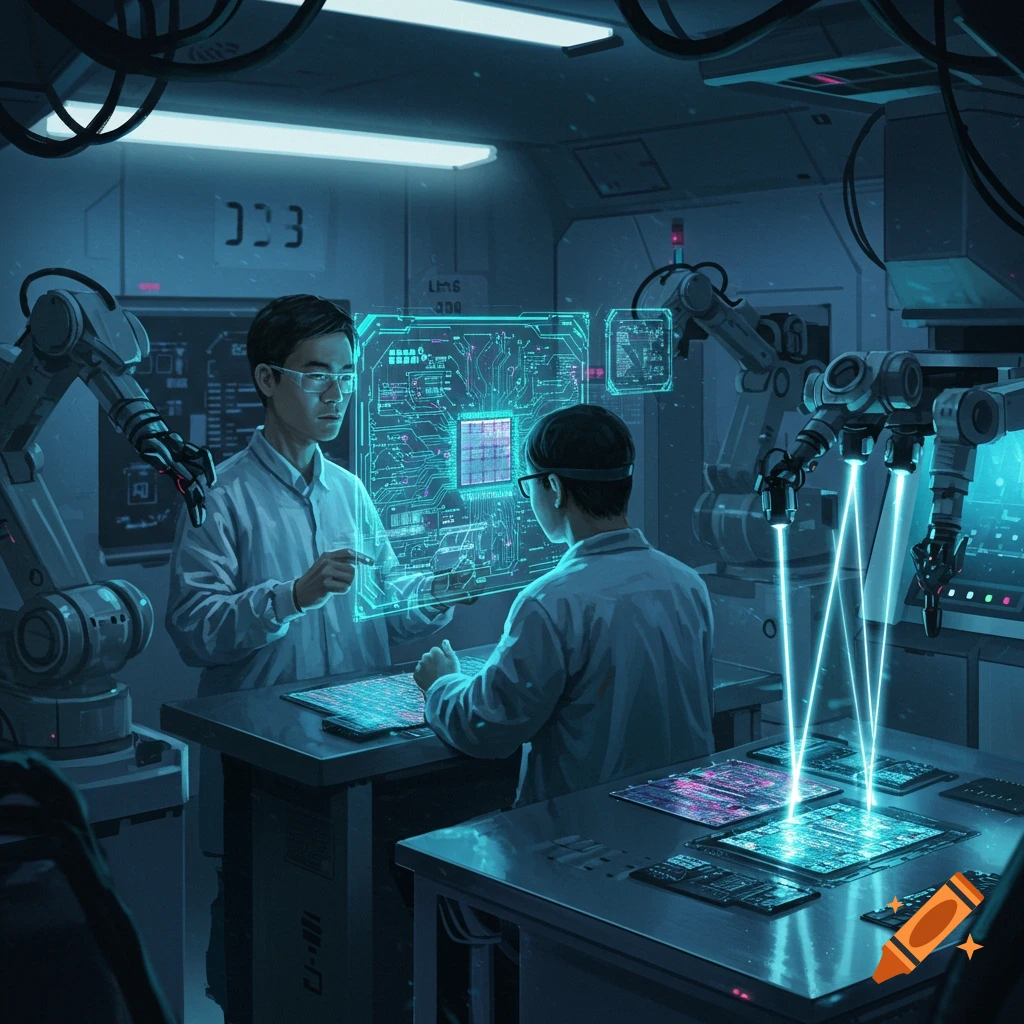 Two researchers in a futuristic lab examine a holographic circuit board with robotic arms and glowing displays, in a detailed, high-tech style.