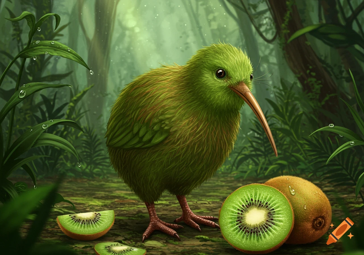 A green, fuzzy kiwi bird with a long beak stands on mossy ground in a forest with sliced kiwi fruits in a stylized illustration.