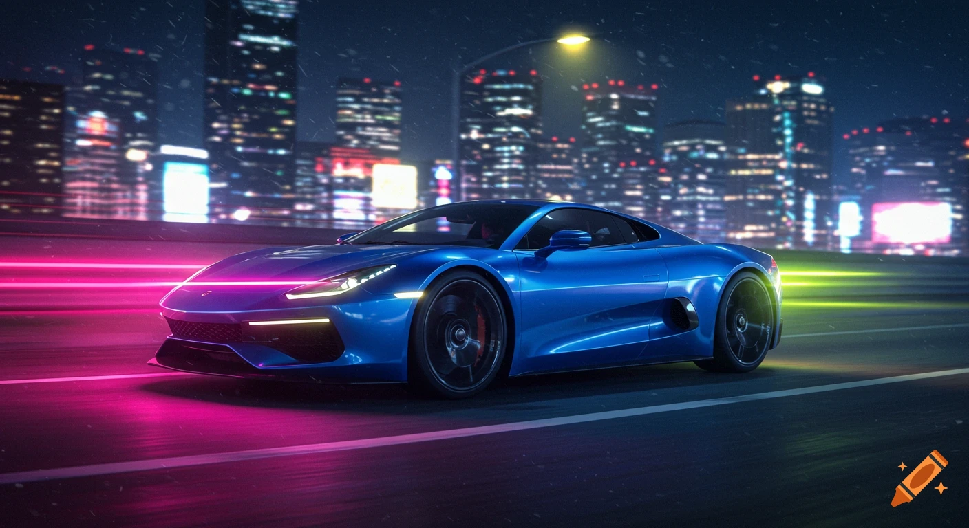 A sleek blue sports car with neon pink and green light trails driving on a highway at night, with a blurred cityscape in the background.