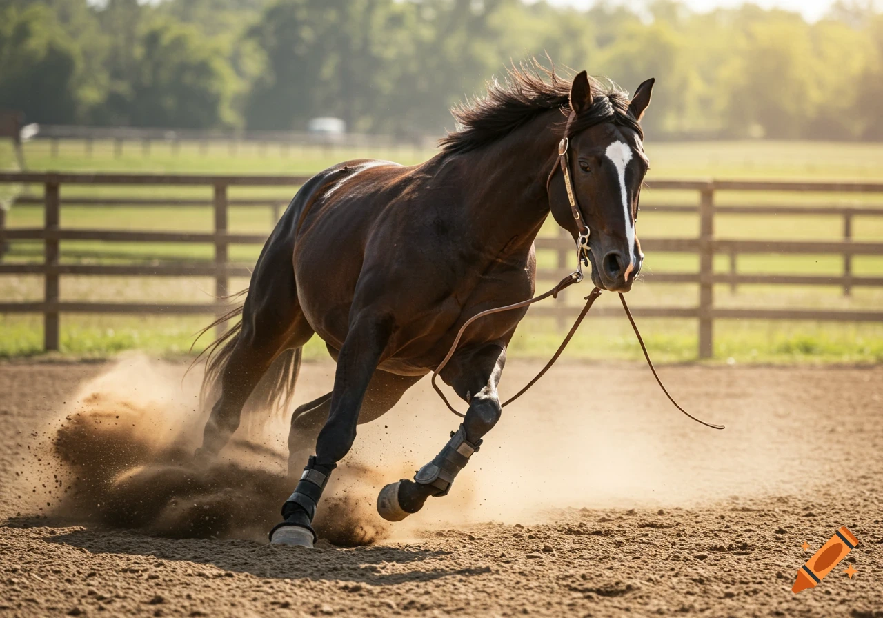 A dark brown horse with a white blaze gallops across a dirt arena, kicking up dust, with a wooden fence in the background.
