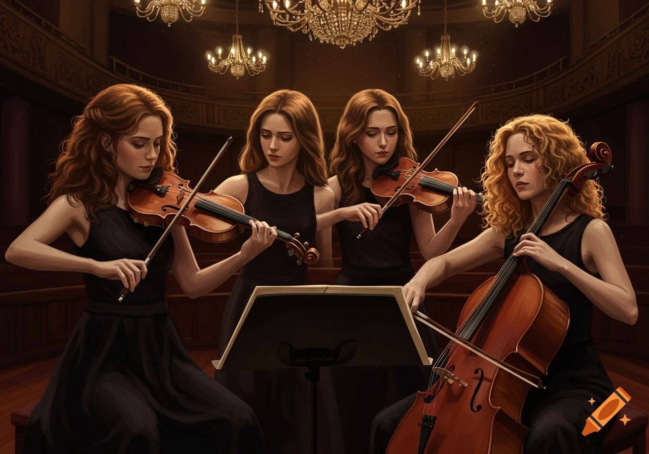 Four women with long brown hair, dressed in black, play string instruments in a dimly lit concert hall with chandeliers, in a painterly style.